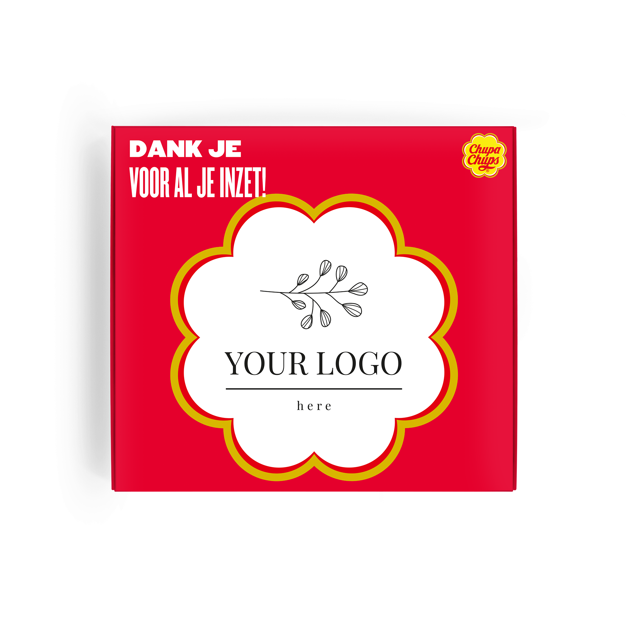Rode Chupa Chups brievenbusdoos met geprinte tekst "Dank je voor al je inzet!" en een logo ruimte, voor een gepersonaliseerde Chupa Chups-traktatie.
