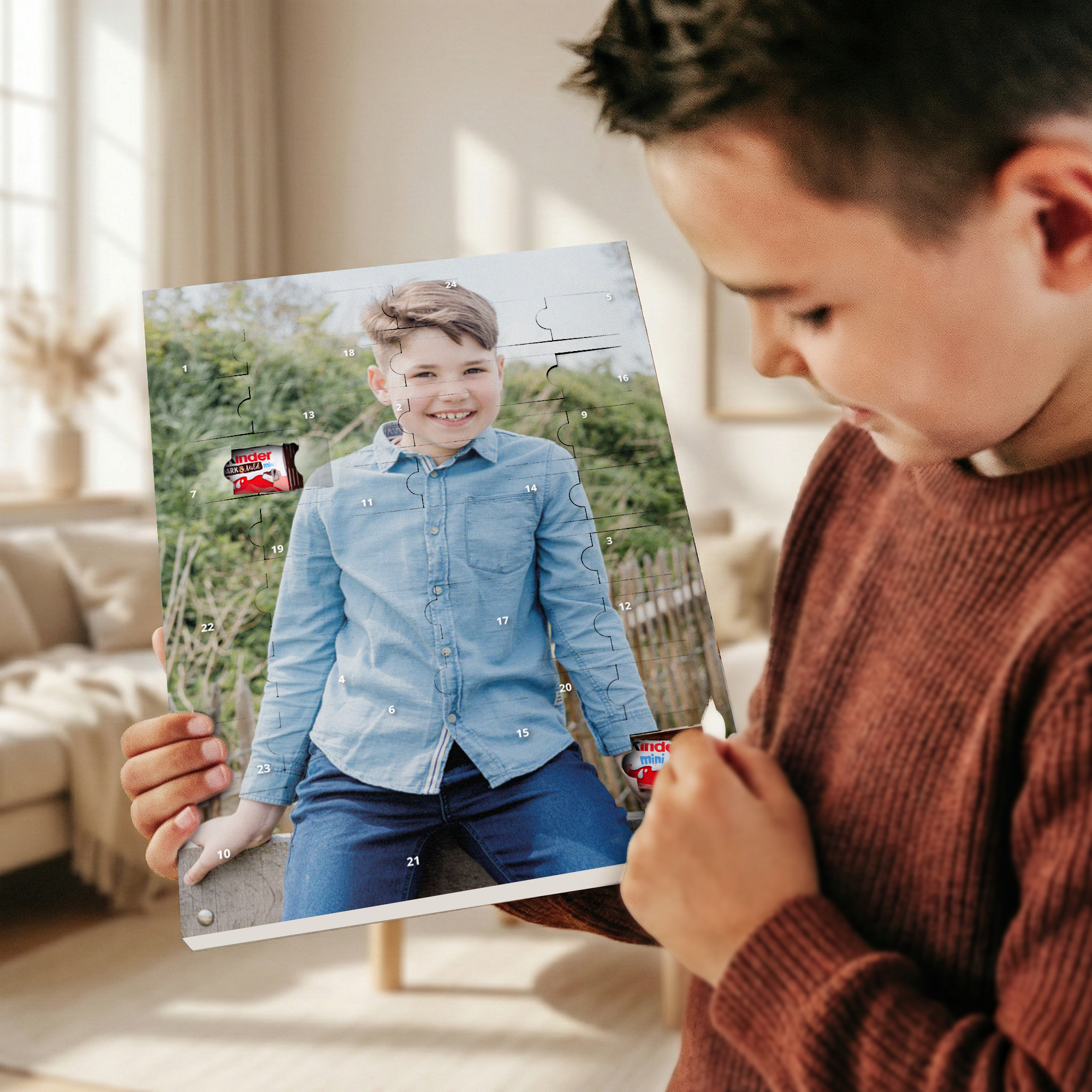 Personaliserad kinderchoklad nedräkningskalender med eget foto och design. Pojke med leende, tryckt bild över hela kalendern.