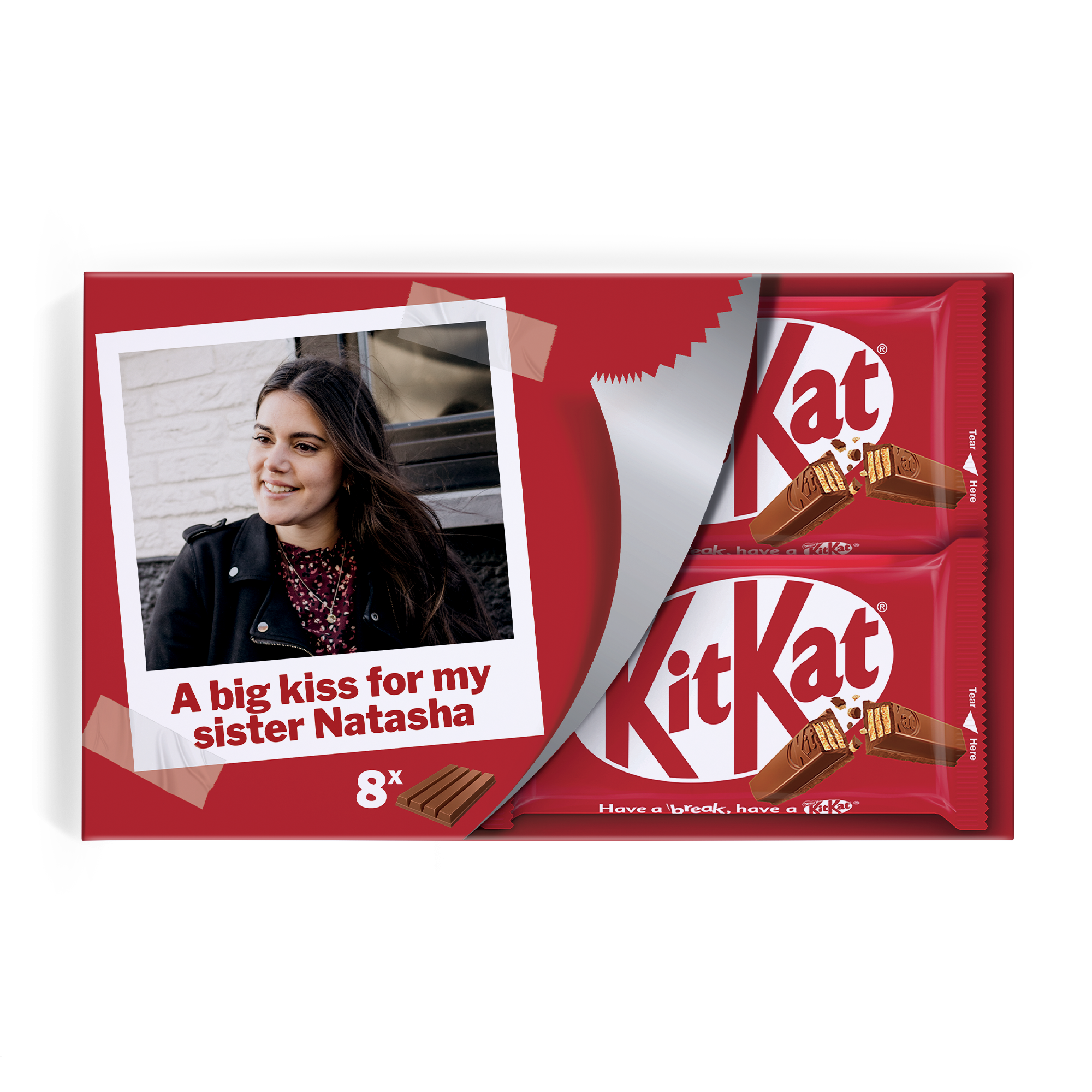 Caixa de presente de barras KitKat personalizada com foto e mensagem para irmã Natasha