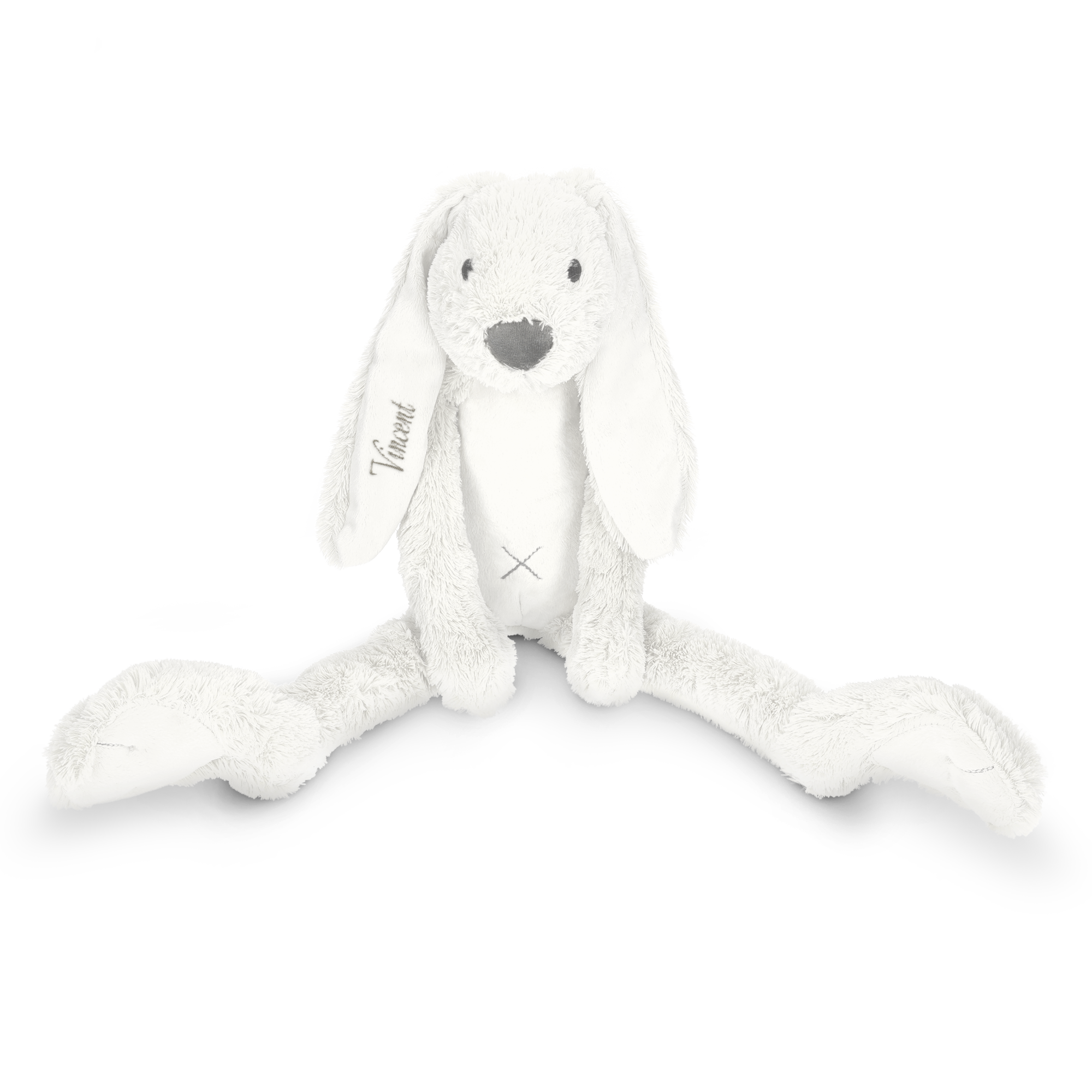 Doudou lapin personnalisé blanc avec le prénom Vincent brodé sur l'oreille droite pour de doux câlins