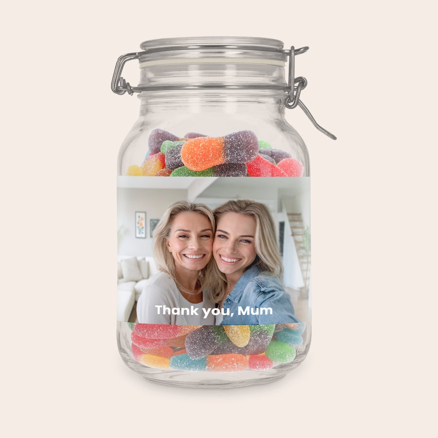 Barattolo di caramelle personalizzato Barattolo di dolciumi personalizzato con bastoncini aspri, foto di due donne e testo Thank you Mum