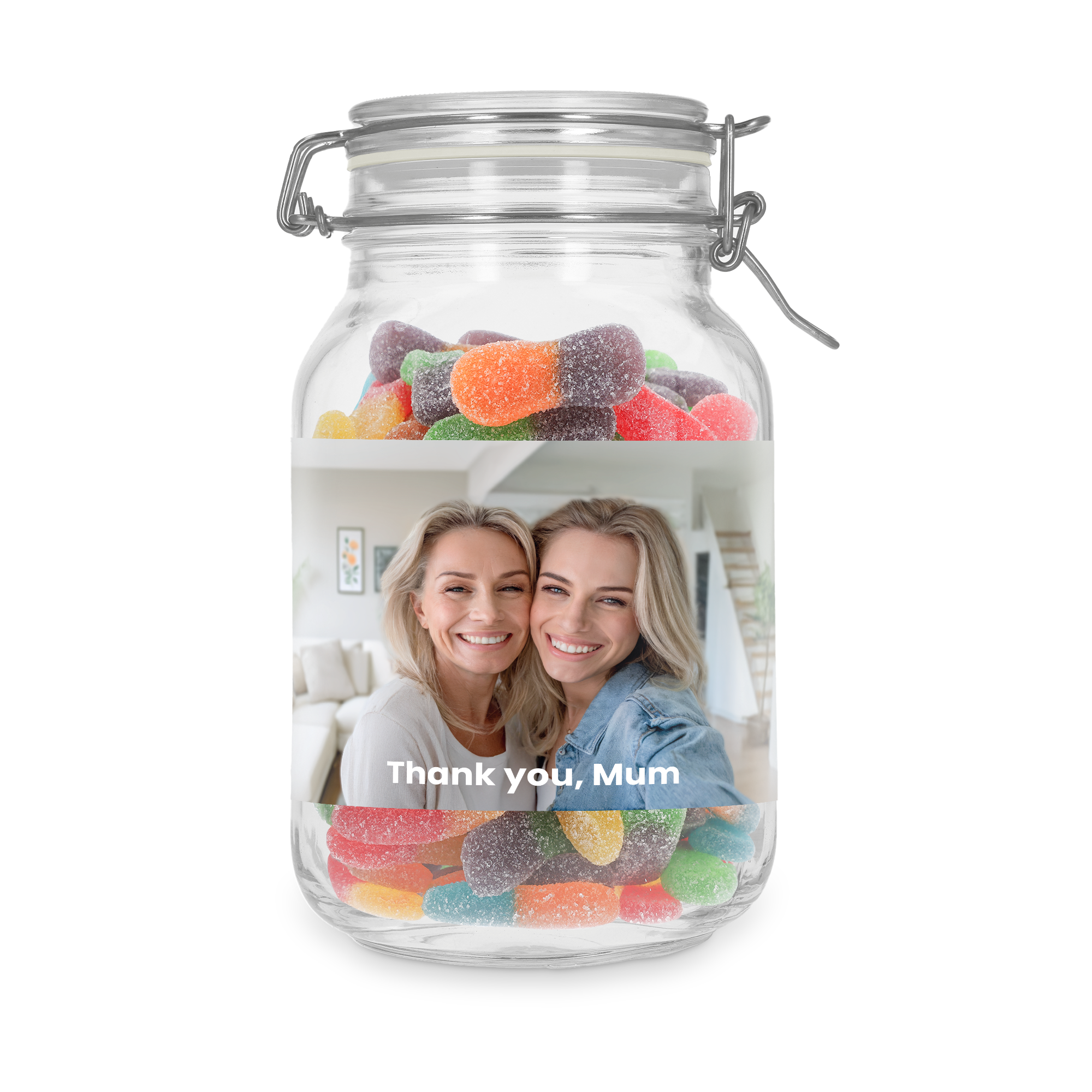Henkilökohtainen makeapurkki happamilla tikuilla ja valokuvalla äidistä ja tyttärestä sekä tekstillä Thank you Mum