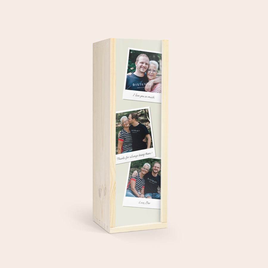 Lesen zaboj Lesena torbica z natisnjenimi tremi polaroid fotografijami in osebnim sporočilom, Dodajte čudovito osebno leseno torbico, da dopolnite svoje darilo!