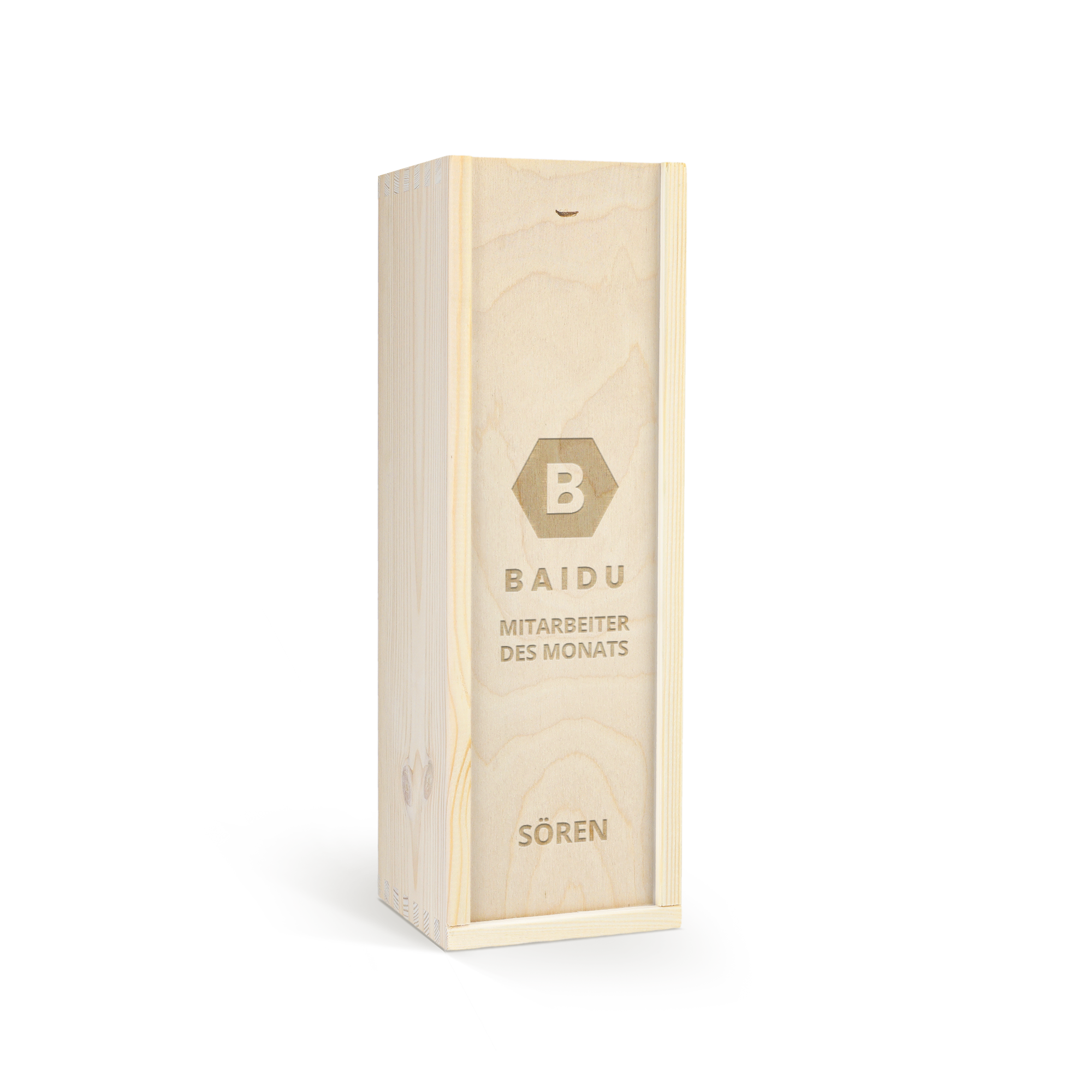 Edle Weinkiste aus hellem Holz mit personalisierter Gravur für den Namen Sören und den Text Baidu Mitarbeiter des Monats.