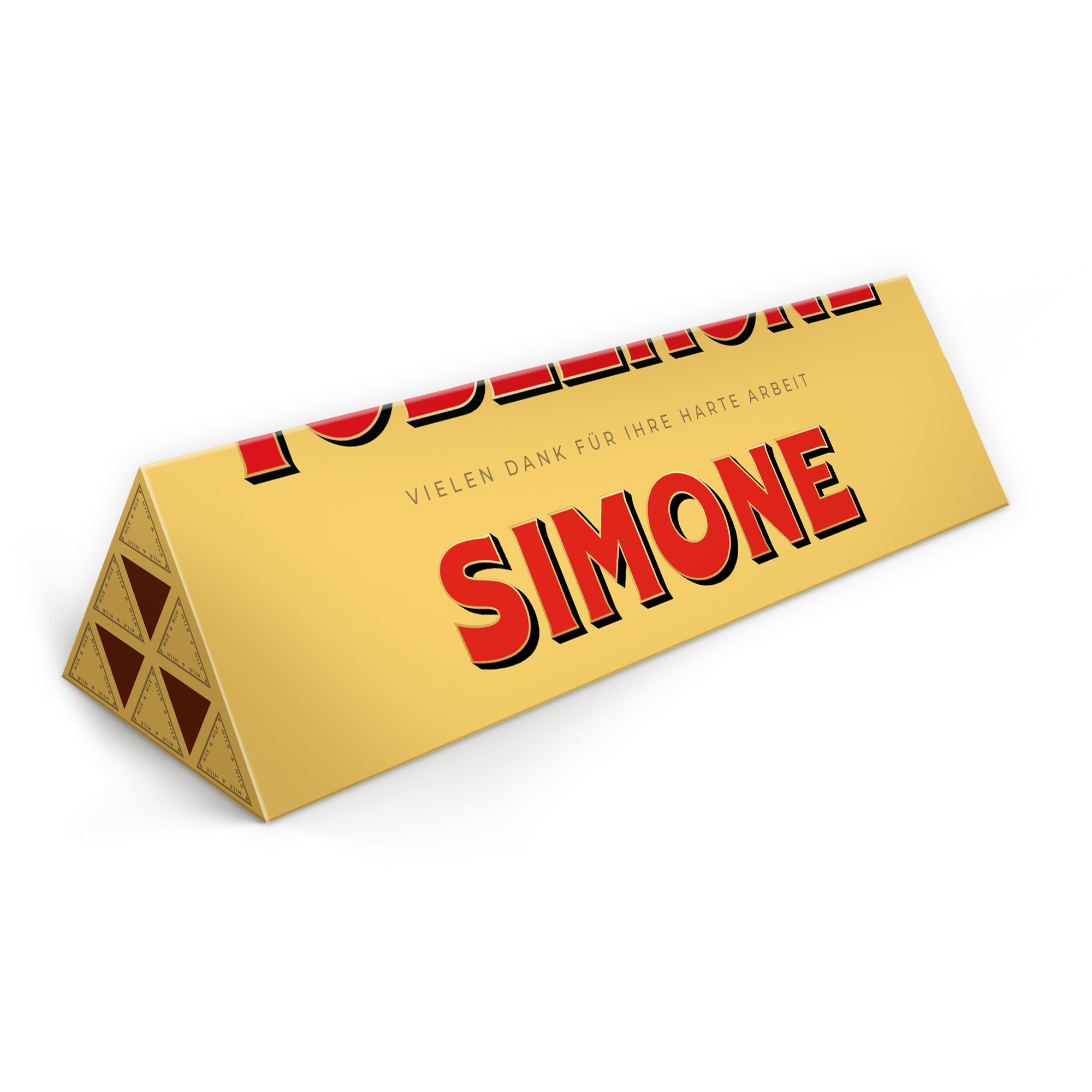 Personalisierte Toblerone 1800 Gramm mit aufgedrucktem Namen Simone und der Nachricht Vielen Dank für Ihre harte Arbeit.