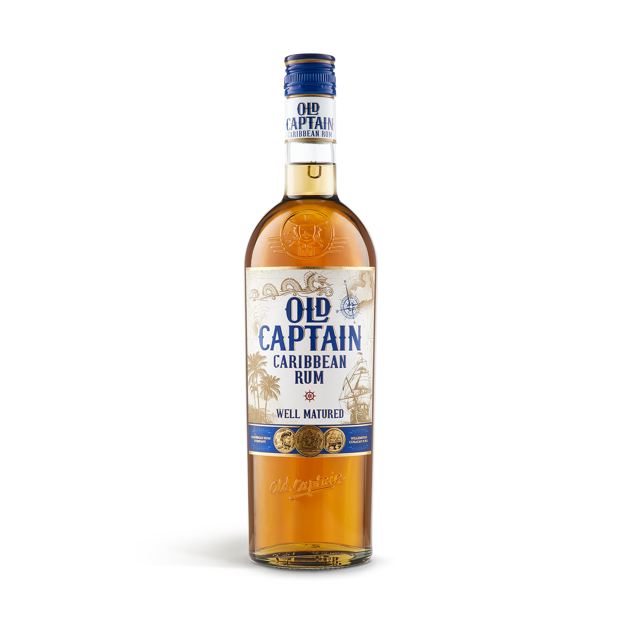 Lahev rumu Old Captain s modrým uzávěrem a personalizovanou etiketou s nápisem Caribbean Rum, ideální dárek