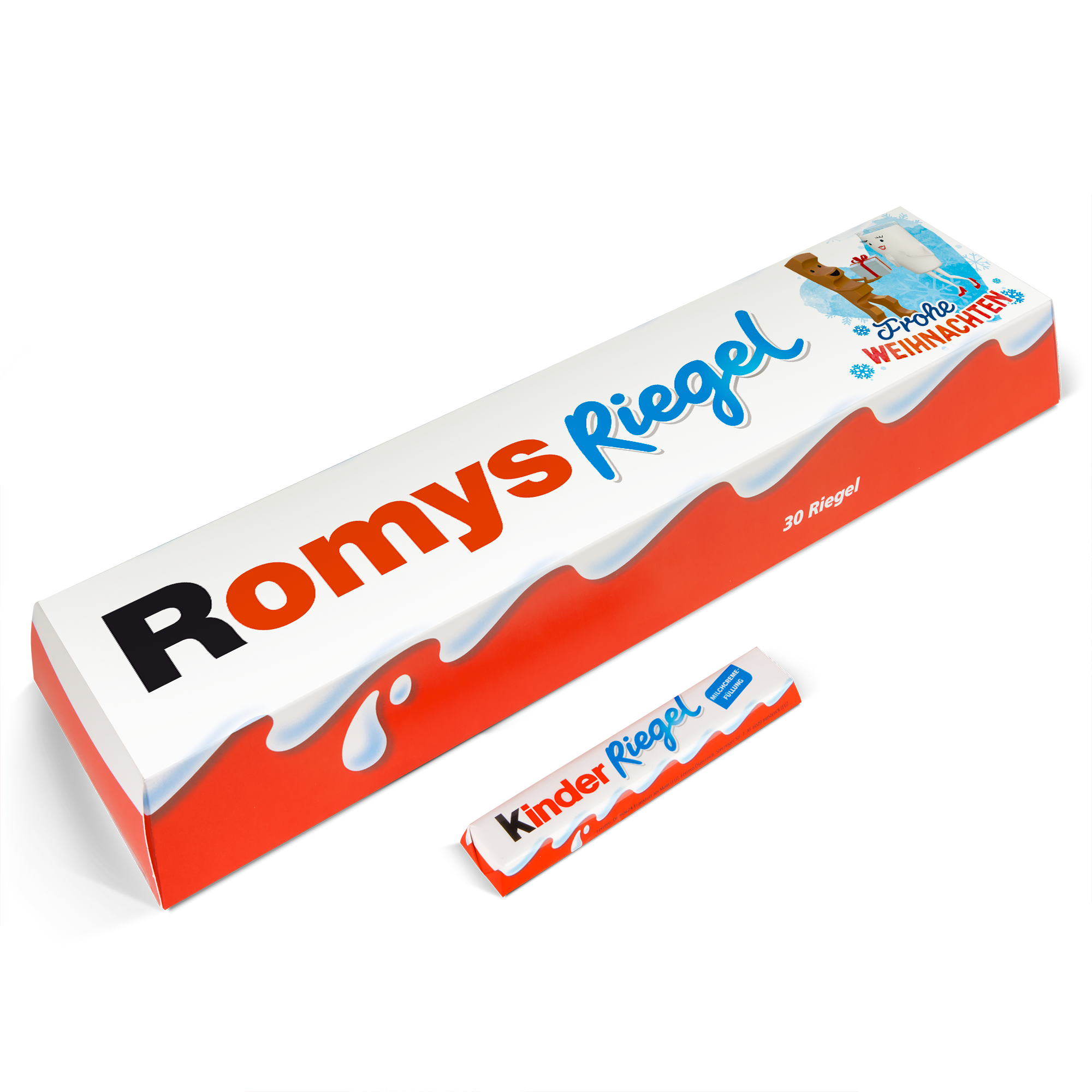 XXL Kinder Riegel Personalisiert mit dem Namen Romys und Frohe Weihnachten auf der Geschenkverpackung.