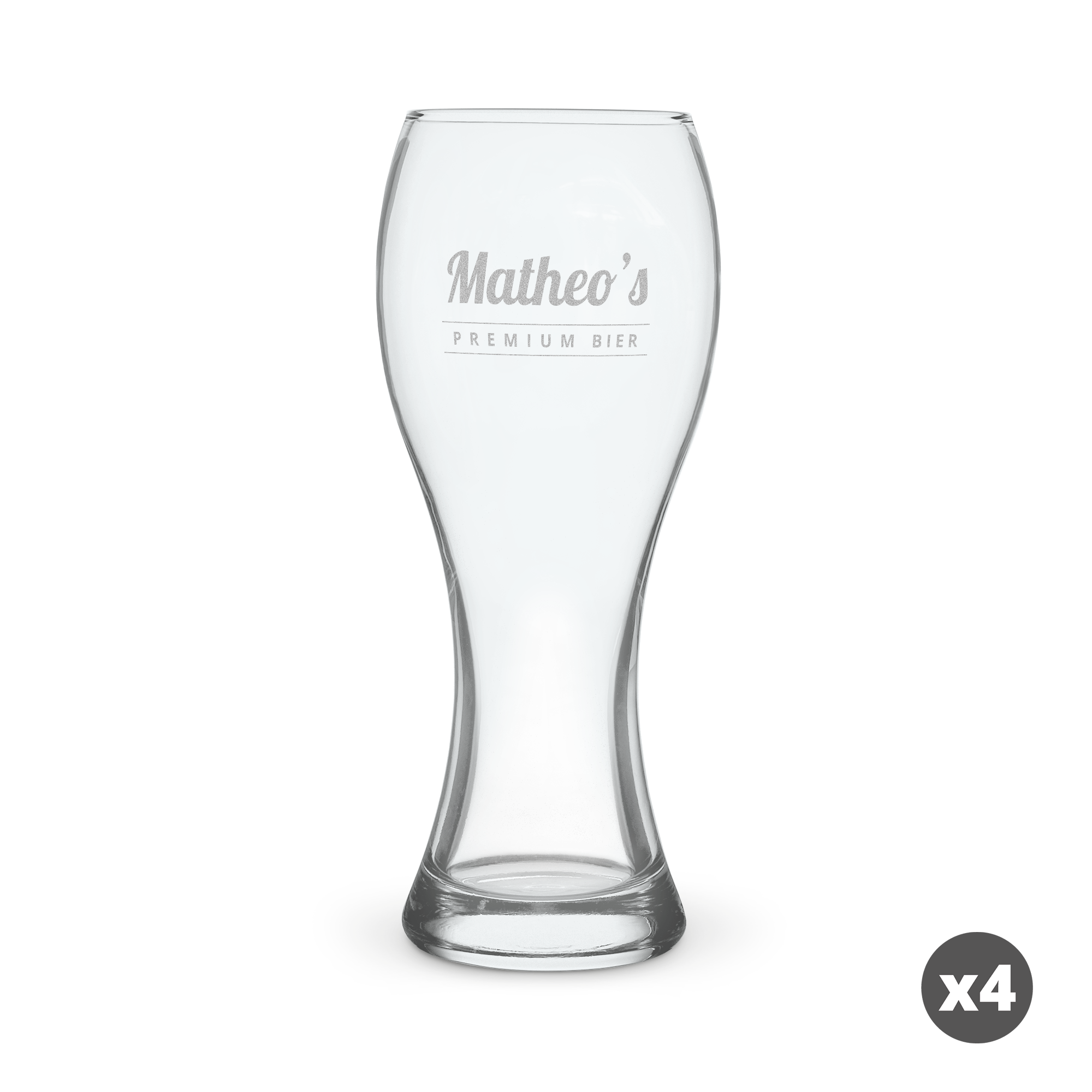 Set van 4 bierglazen, gegraveerd met de naam Matheo's en de tekst premium bier. Schenk jouw favoriete biertje in deze speciale bierglazen!