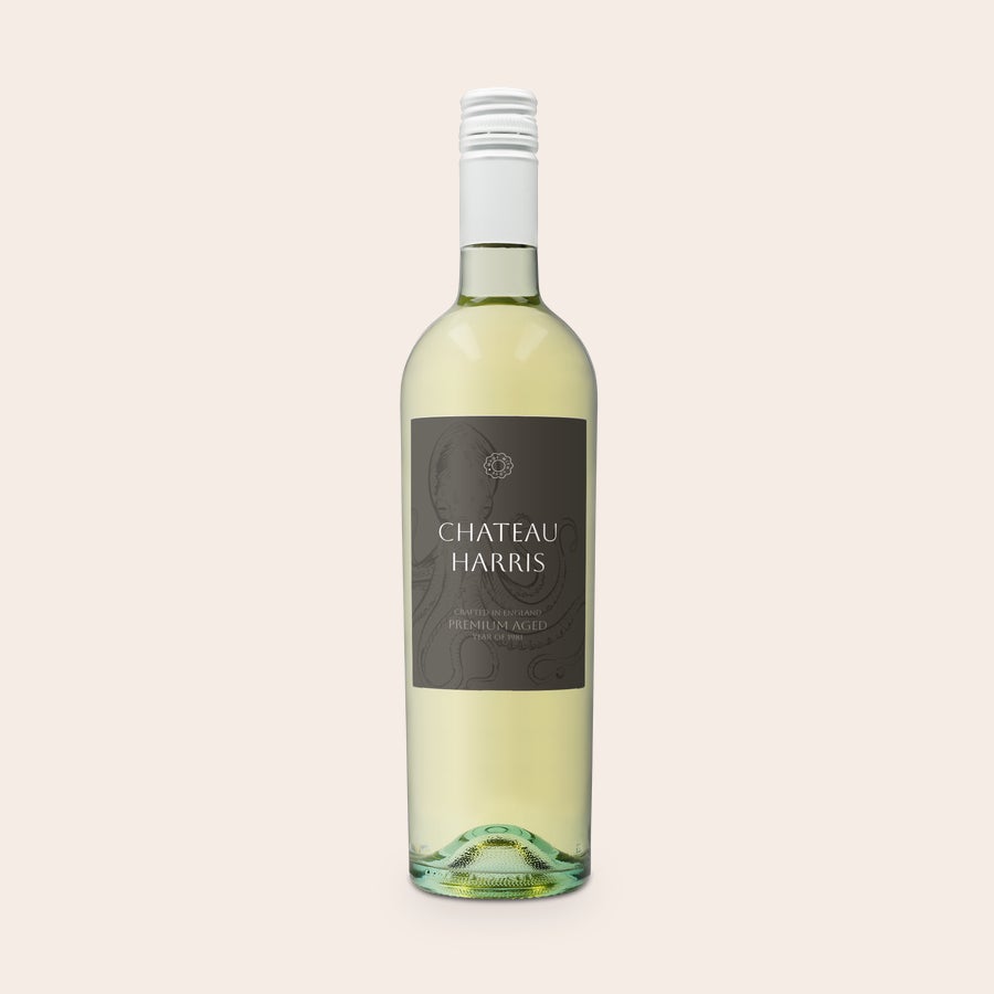Riondo Pinot Grigio Botella de vino blanco con etiqueta personalizada "CHATEAU HARRIS PREMIUM AGED YEAR OF 1981" como regalo.