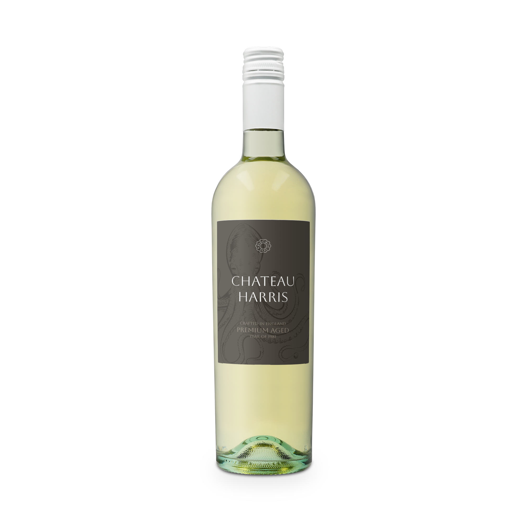 Láhev vína Riondo Pinot Grigio s černou etiketou CHATEAU HARRIS, navrhněte etiketu pro vynikající víno.
