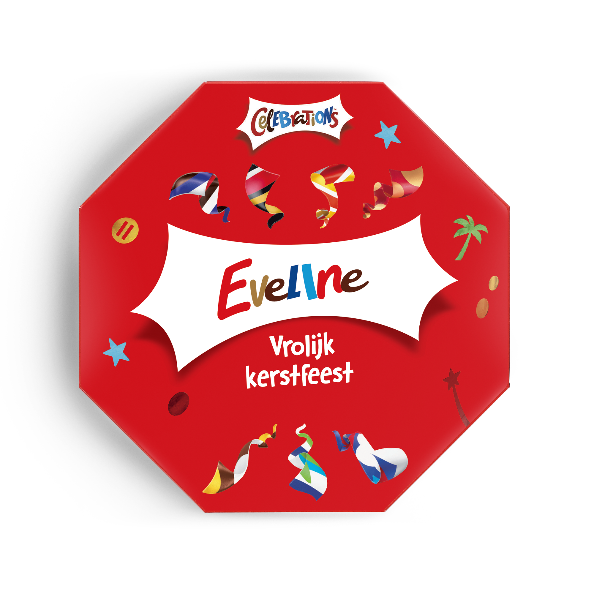 Rode gepersonaliseerde Celebrations box met naam Eveline en Vrolijk Kerstfeest bedrukt