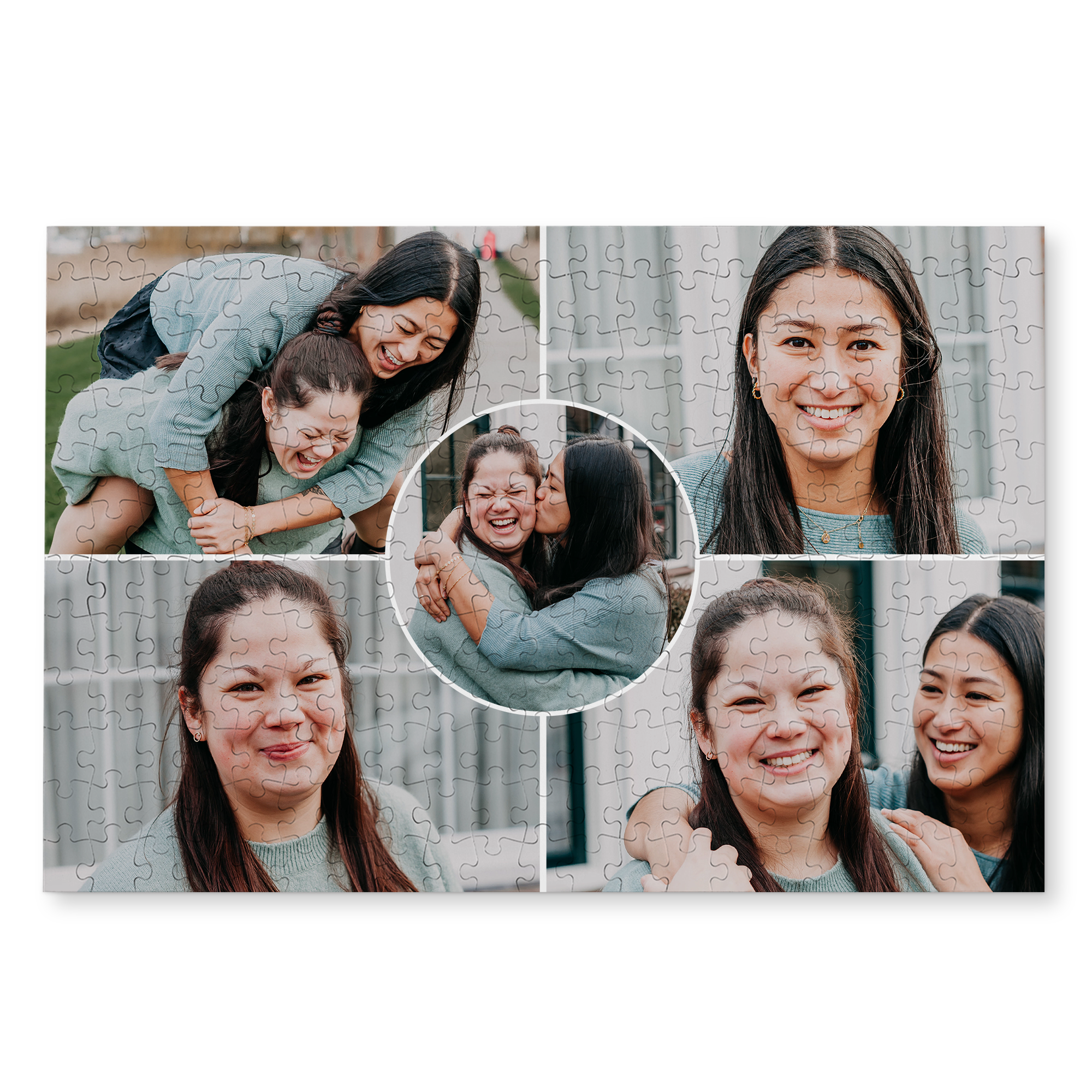Großes Fotopuzzle aus fünf Bildern einer Familie, individuell mit eigenen Fotos bedruckt.