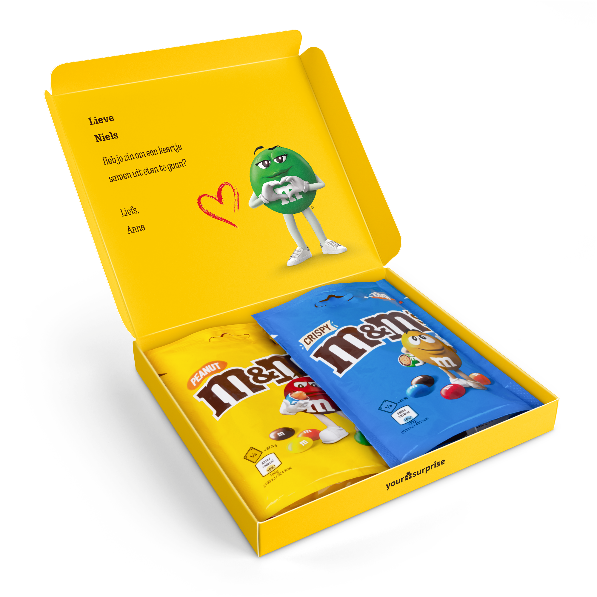 Gepersonaliseerde M&M's giftbox bedrukt met M&M's design, de naam Niels en een persoonlijke boodschap