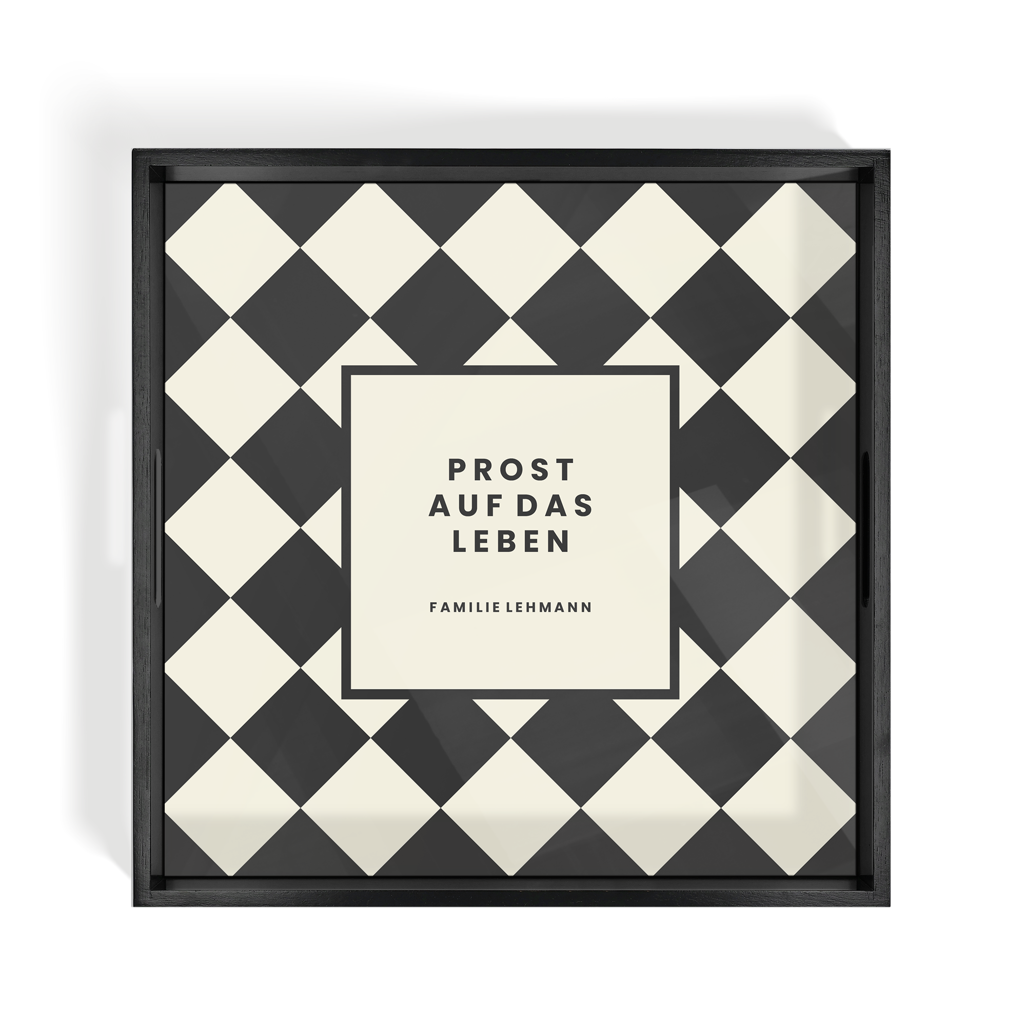 Fototablett - Quadrat- Schwarz - 40.5 x 40.5 cm mit schwarz-weißem Karomuster und personalisiertem Text Prost auf das Leben Familie Lehmann