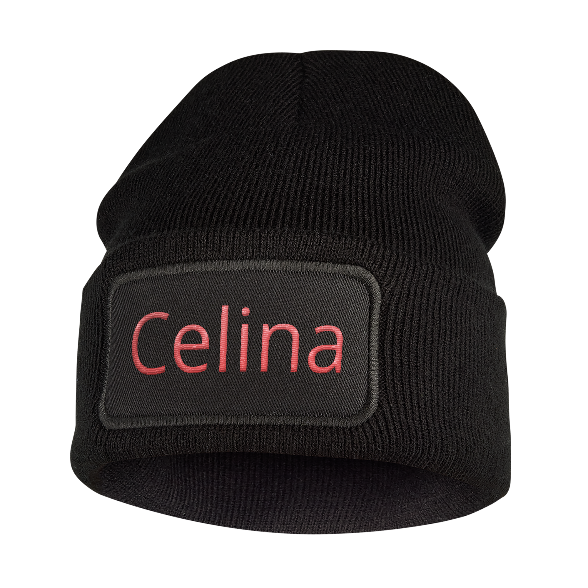 Schwarze Mütze mit Namen Celina in Rosa, gestickt auf einem Baumwollstück, ideal als Mütze mit Namen