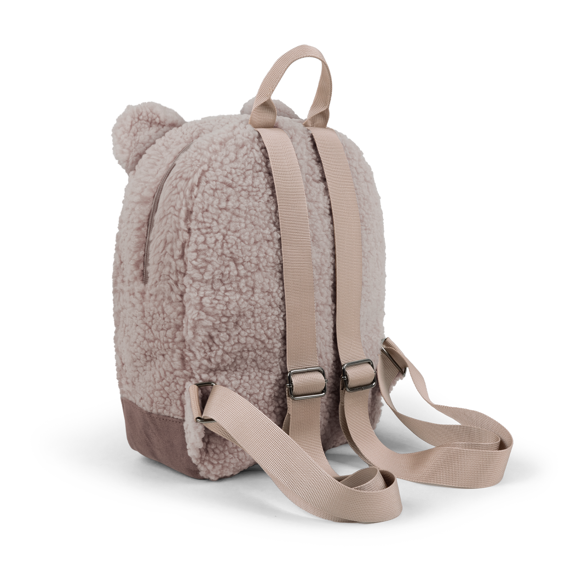 Mochila de peluche rosa claro con orejas de oso, base de piel sintética marrón y correas ajustables.