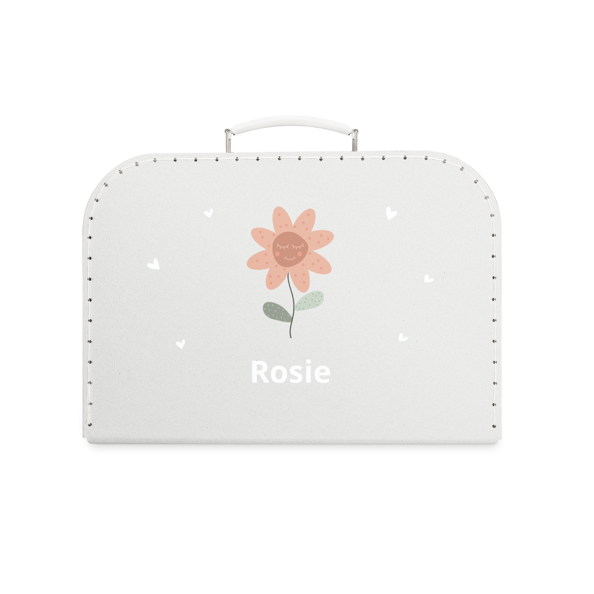 Grauer Kinderkoffer aus Pappe mit aufgedrucktem Namen Rosie und Blumenmotiv – Groß.