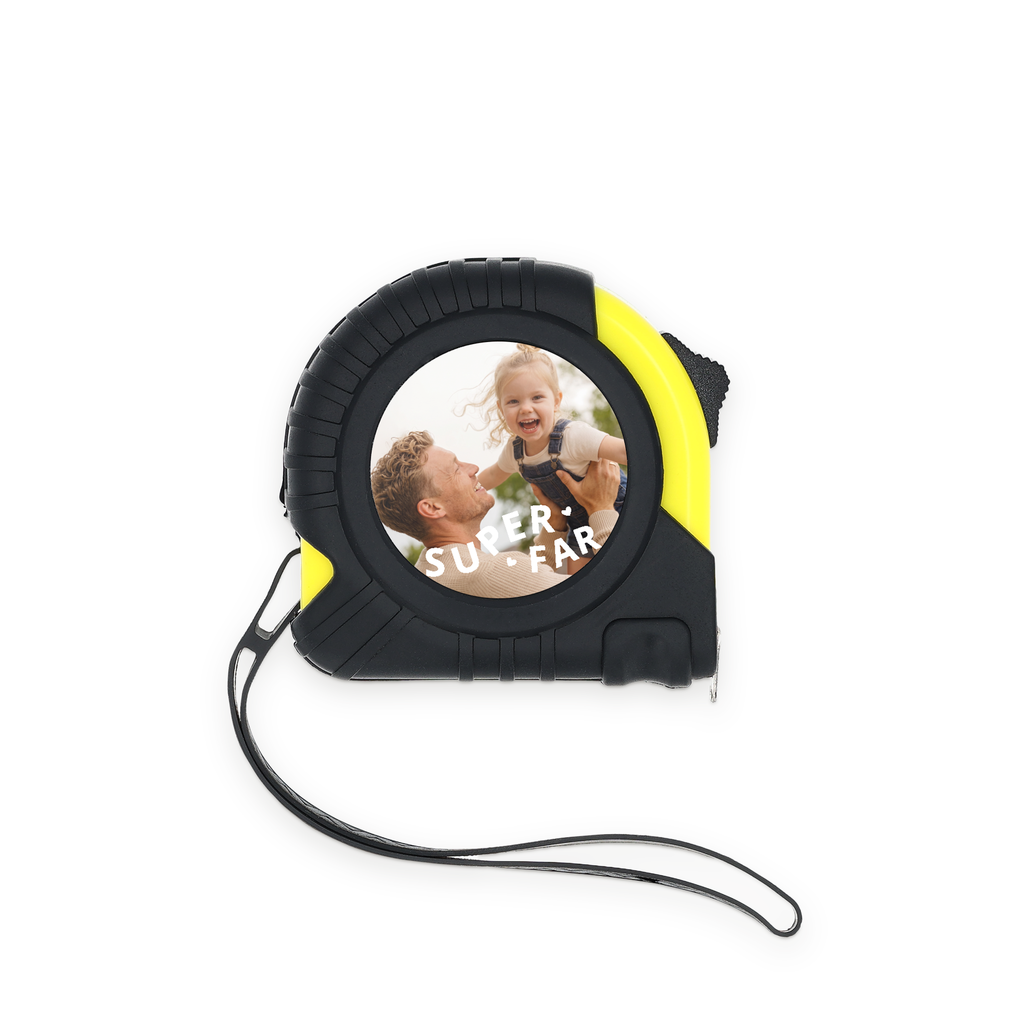 Personligt målebånd i sort og gul med et trykt billede af far og datter, samt teksten Super Far.