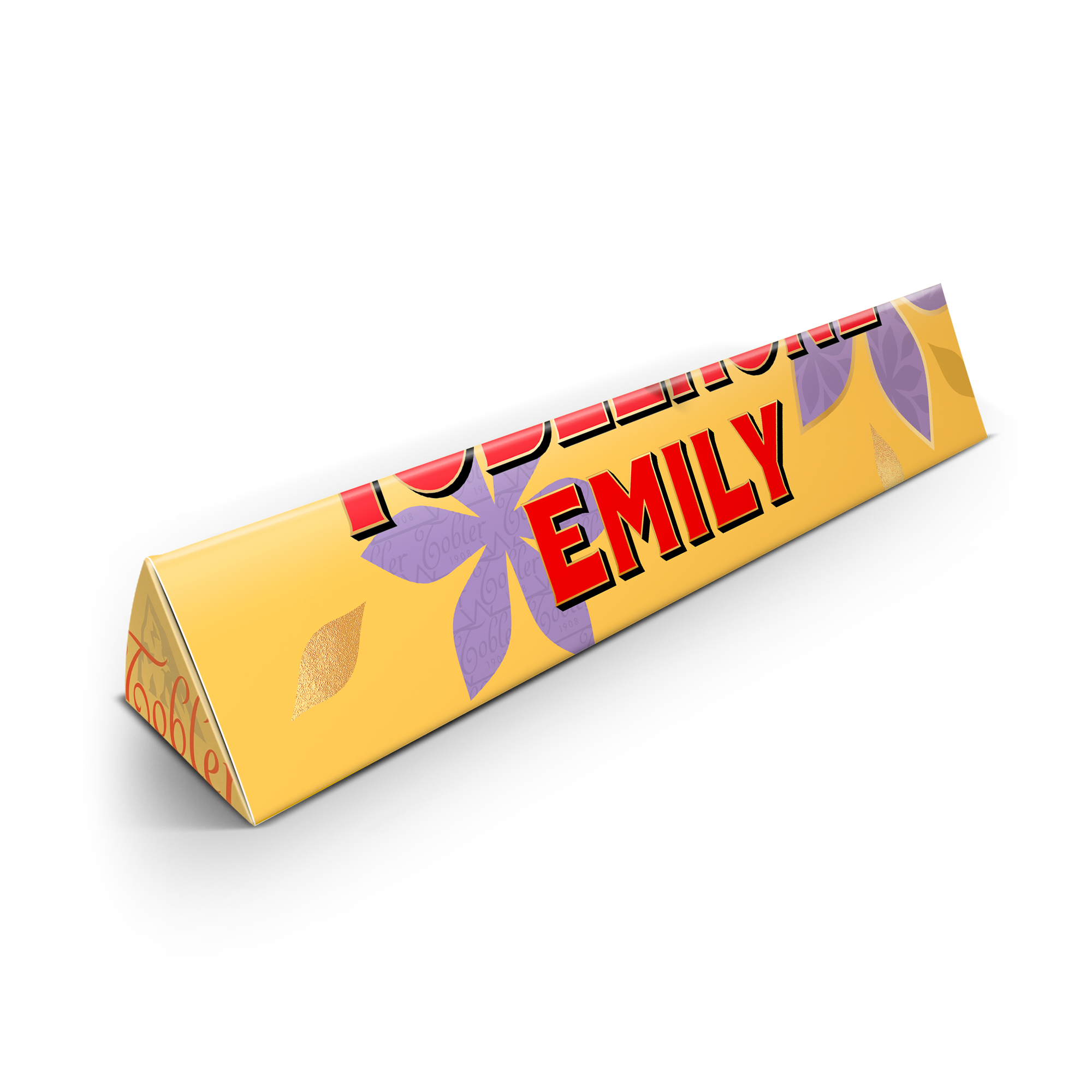 Personlig Toblerone-chokladkaka med tryckt namn EMILY på ett gult omslag med lila blommor