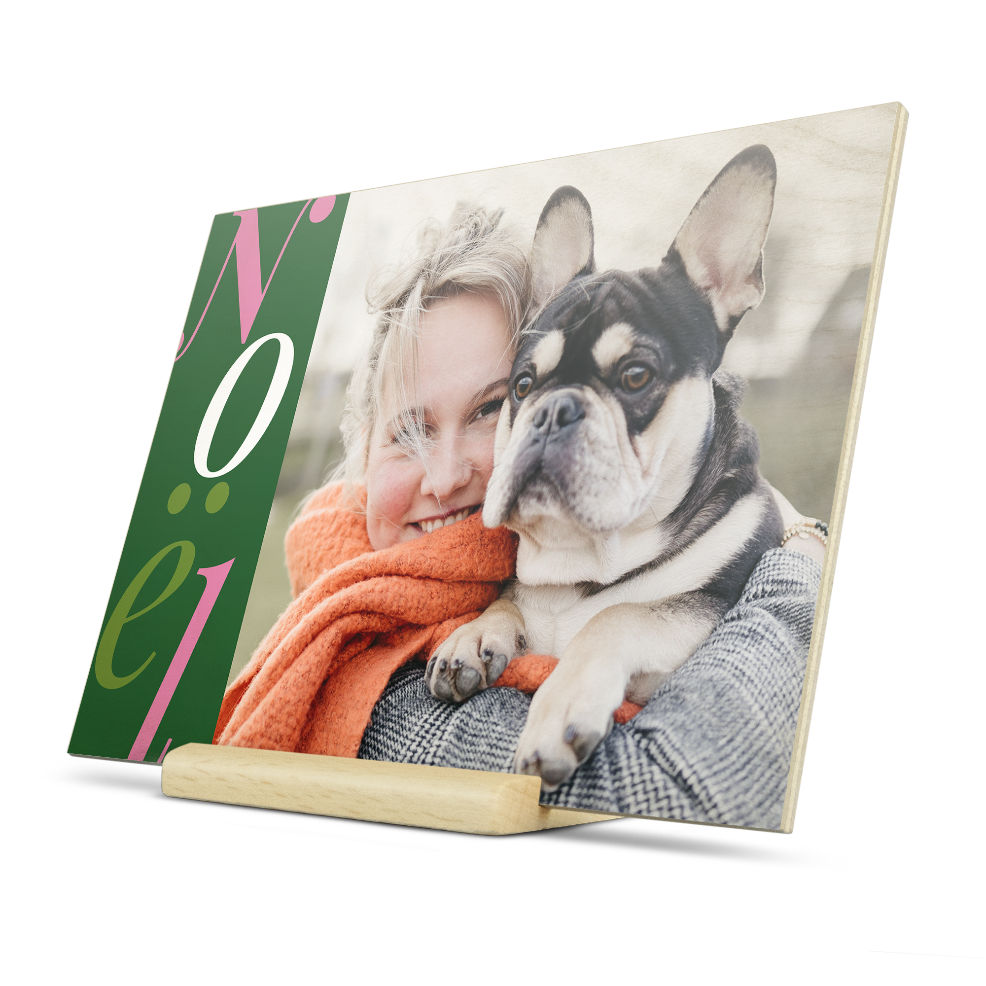 Carte de Noël en bois personnalisée avec photo et texte "Noël", sur un support en bois