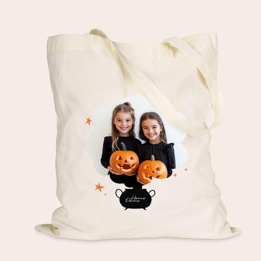 Bolsa de algodão personalizada Saco de linho estampado personalizado com foto de duas meninas e abóboras de Halloween, traz todos os seus pertences neste lindo saco de linho estampado.