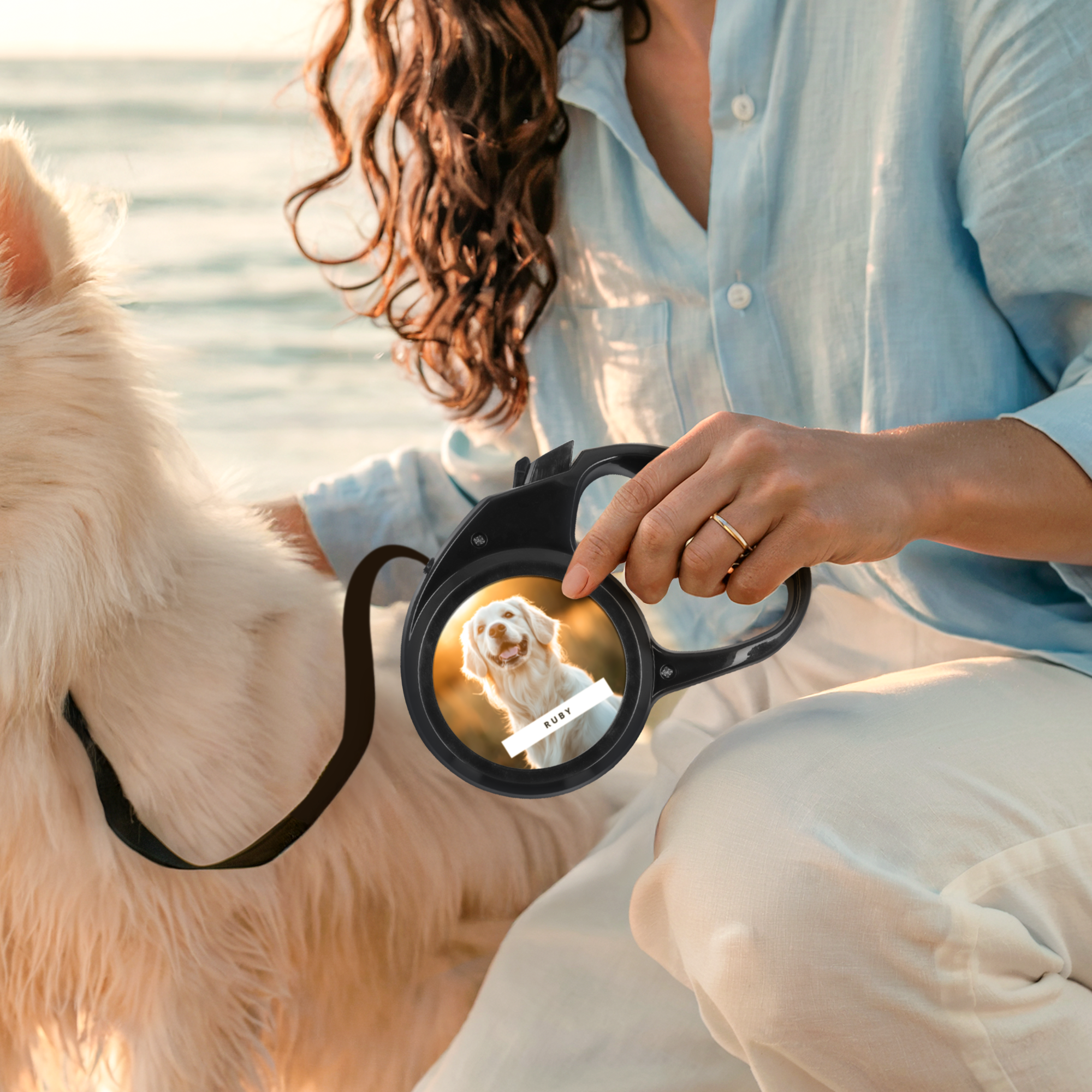 Guinzaglio nero personalizzato con foto del cane Ruby stampata, ideale per rendere ogni passeggiata speciale con il tuo guinzaglio personalizzato