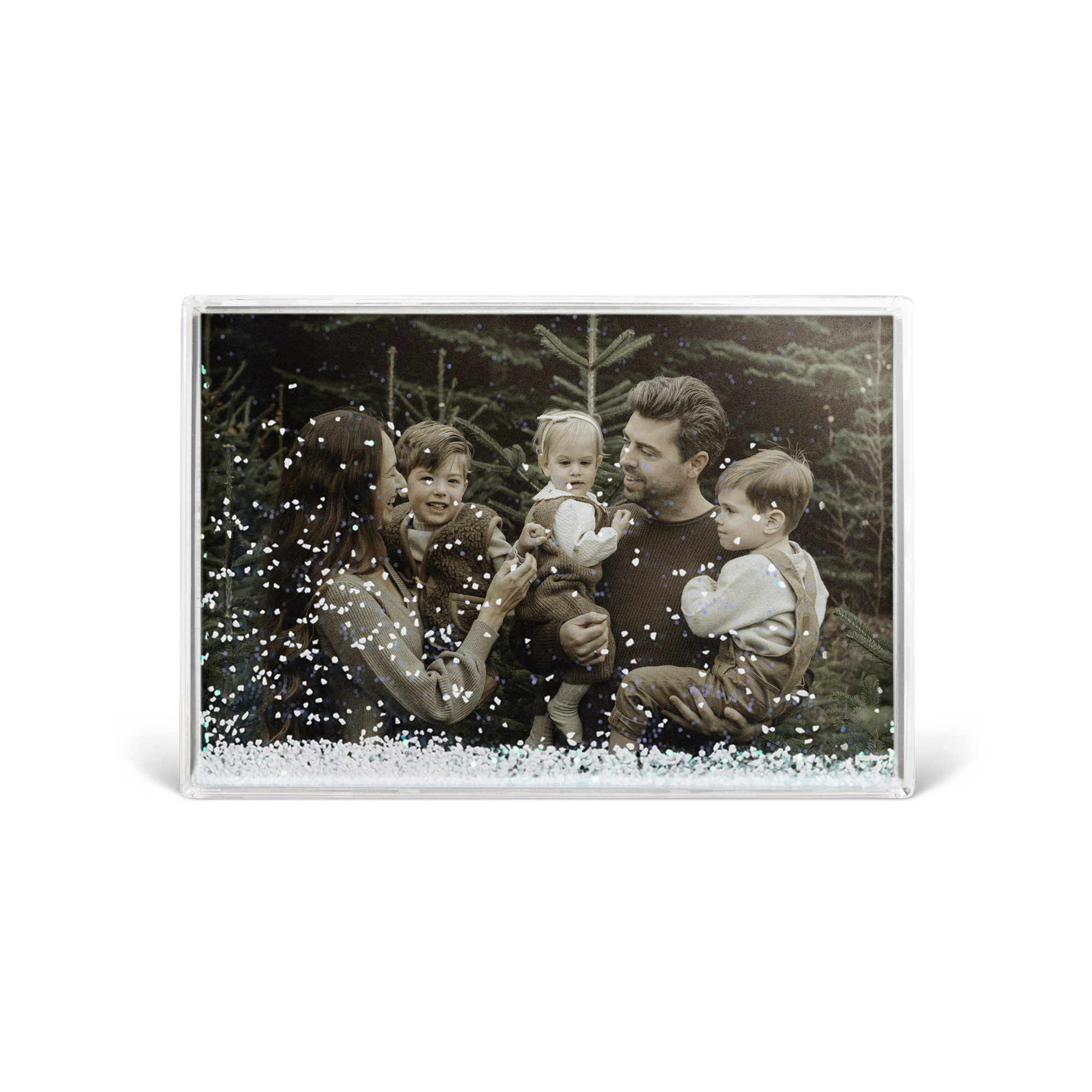 Bloco de neve de foto pessoal retangular com flocos de neve, com foto impressa de uma família.