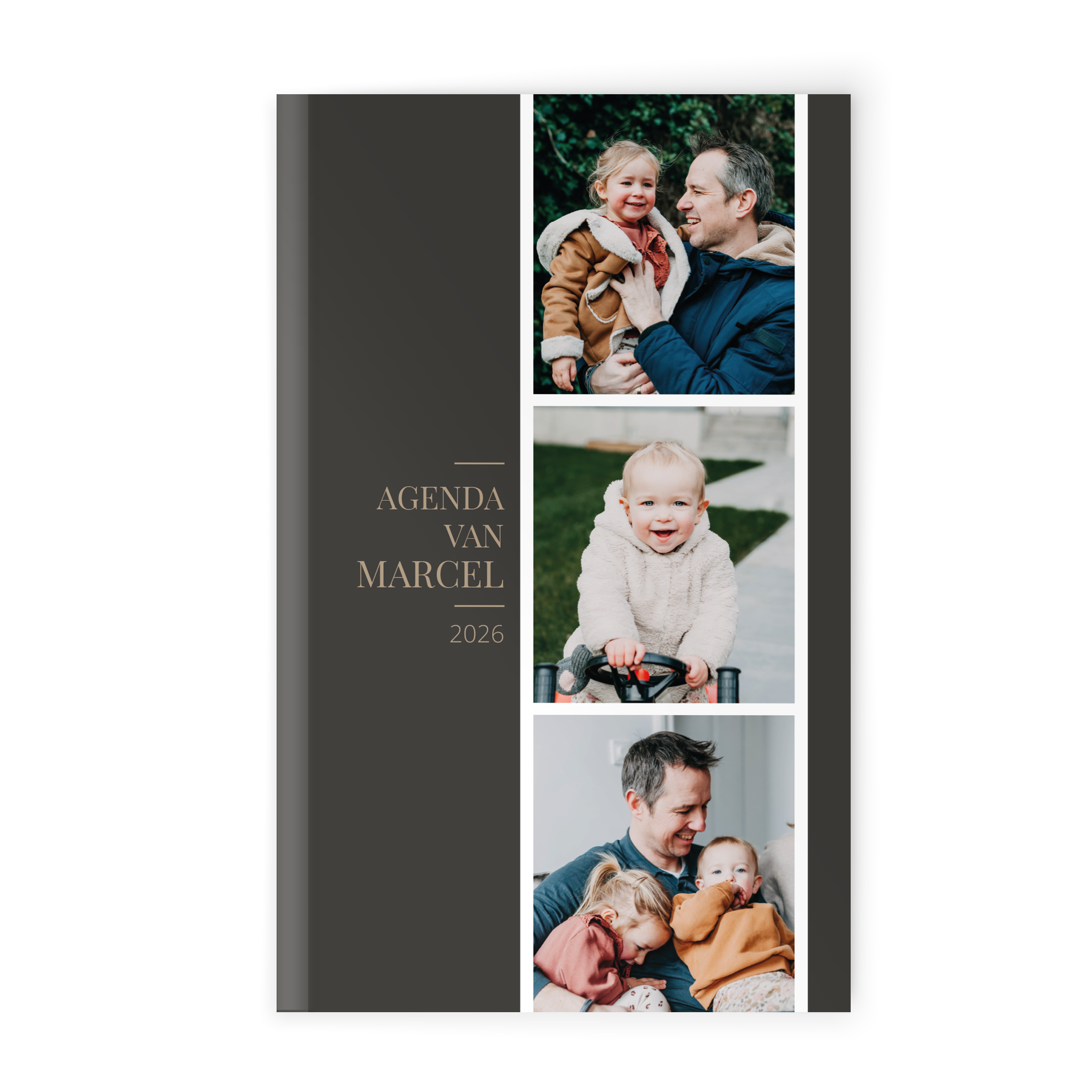 Een persoonlijke agenda voor 2026 bedrukt met de naam Marcel en drie foto's van kinderen