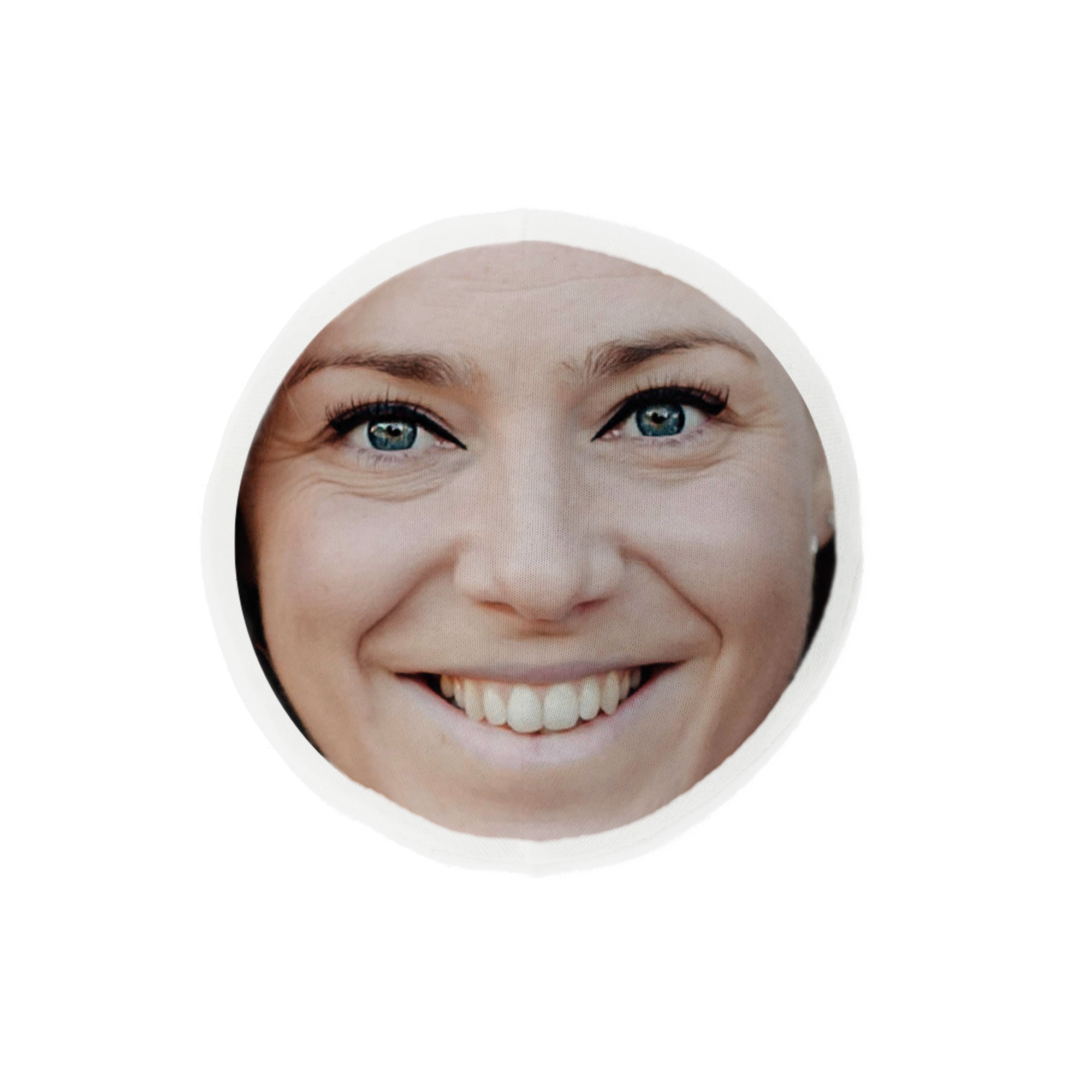 Cabeça ItsieMe branca com foto de rosto feminino sorrindo, olhos azuis. complete sua coleção ItsieMe com cabeças extras removíveis para seu urso ItsieMe!