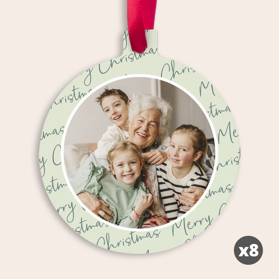Decorazioni Natalizie per l'Albero Addobbo natalizio in alluminio personalizzato con foto di famiglia stampata e testo Merry Christmas