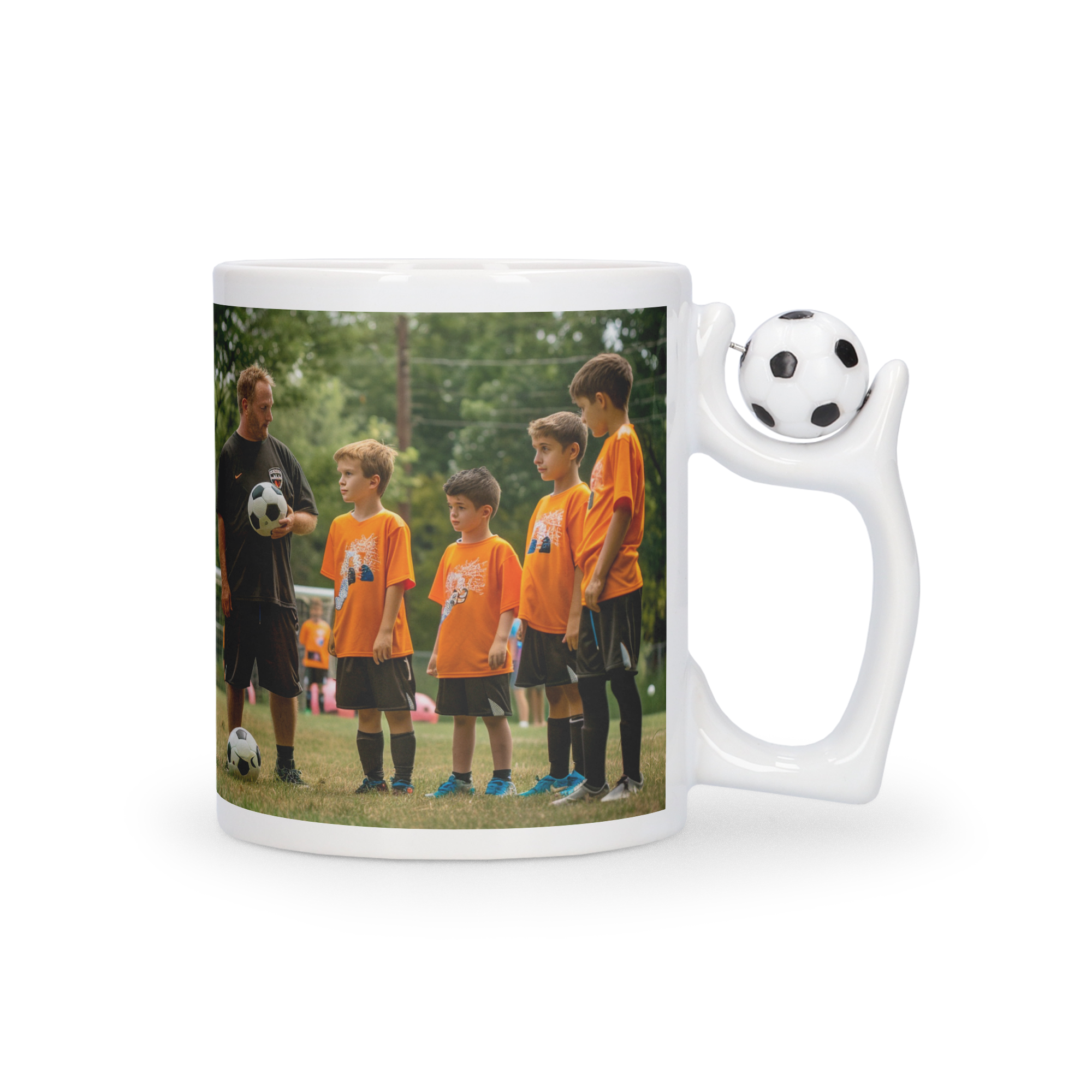 Personalized white ceramic mug with a football on the handle printed with a photo of a football team