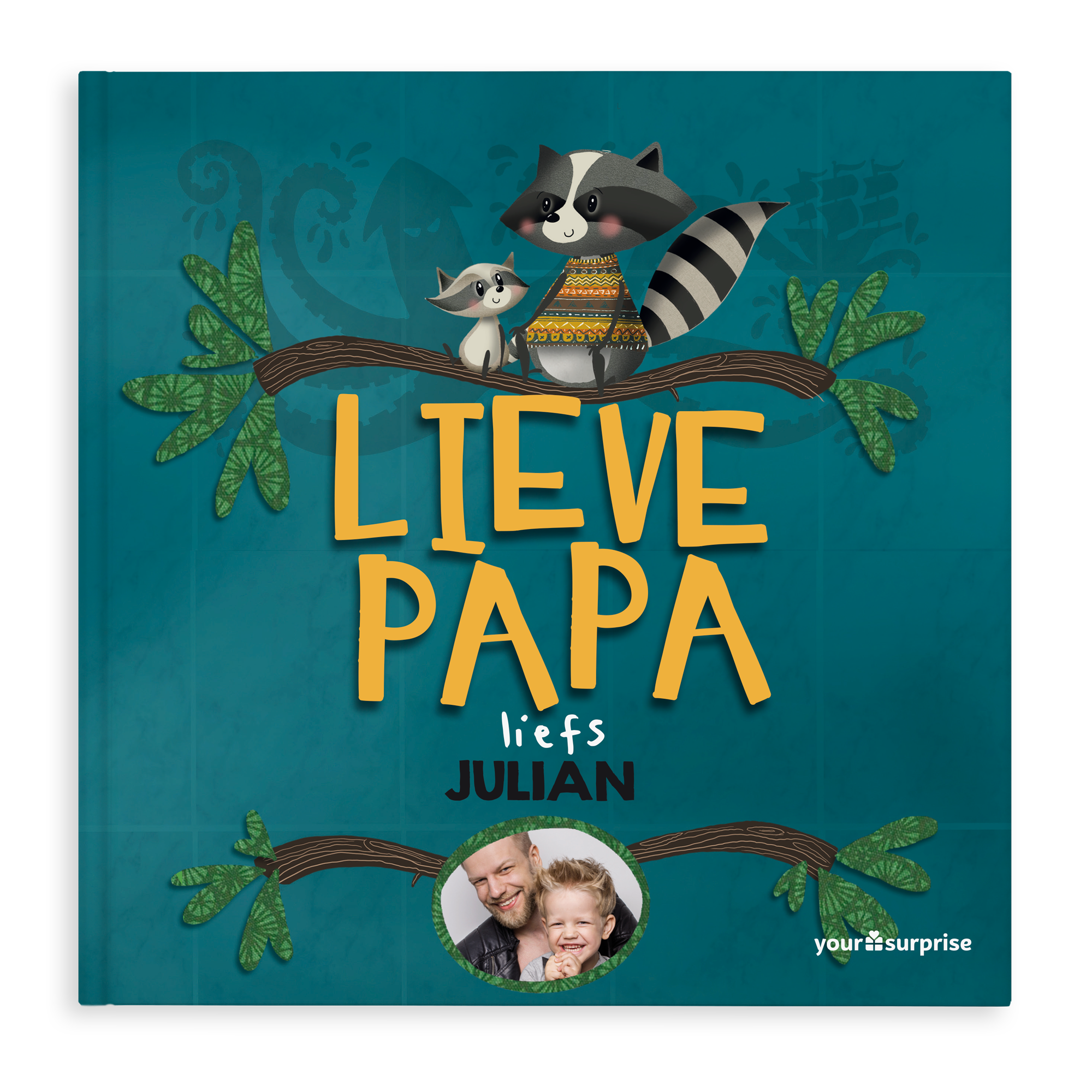 Kinderboek Lieve Papa met wasberen, gepersonaliseerd met foto van papa en kind en de naam Julian, laat zien hoeveel jouw papa voor je betekent.