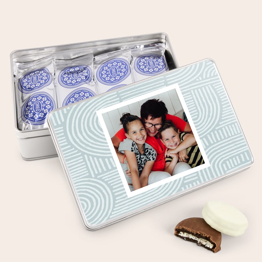 Puszka z ciastkami Oreo Personalizowany prezent Oreo pudełko z własnym zdjęciem i imieniem oraz ciasteczkami Oreo w środku