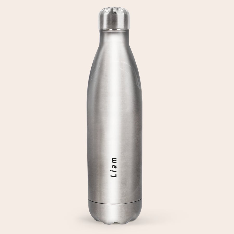 Botella de agua con foto Botella de agua con aislamiento de aluminio, color plateado, personalizada con el nombre Liam en vertical.