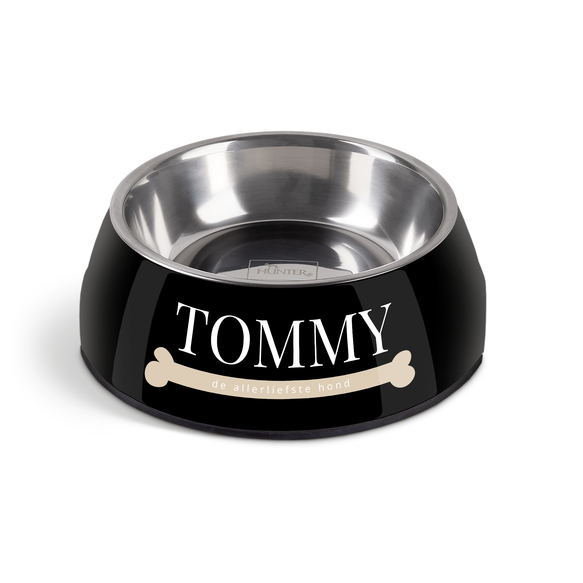 Zwarte, roestvrijstalen hondenvoerbak bedrukt met de naam Tommy en de tekst 'de allerliefste hond', voorzien van een botje illustratie.