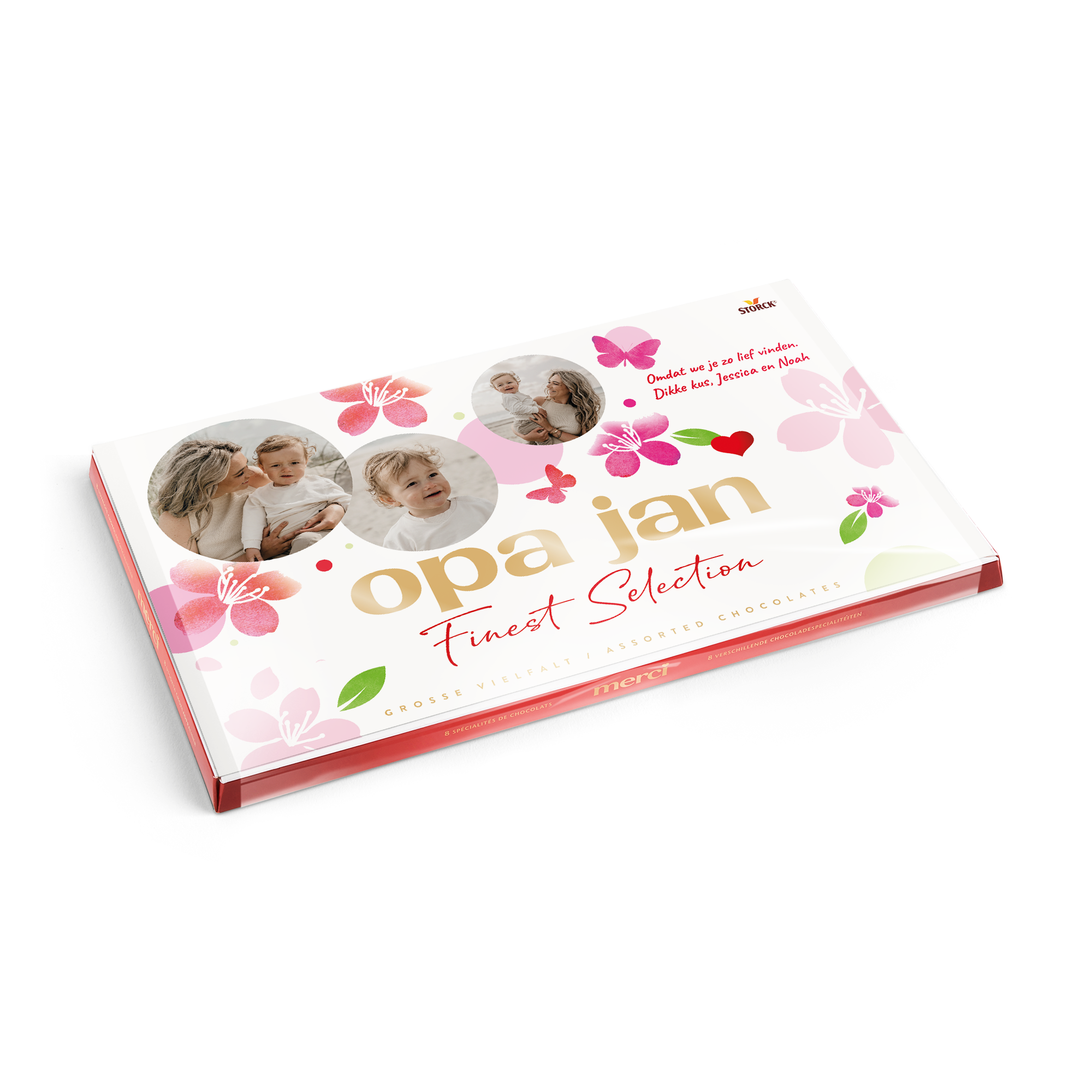Merci Finest Selection chocolade mix met gepersonaliseerde kaart - 400 gram. De kaart is bedrukt met fotos, de tekst 