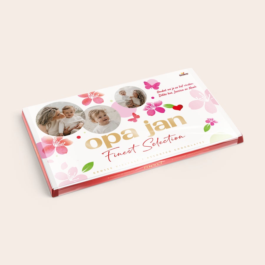 merci Finest Selection met kaart Merci Finest Selection chocolade mix met gepersonaliseerde kaart - 400 gram. De kaart is bedrukt met fotos, de tekst