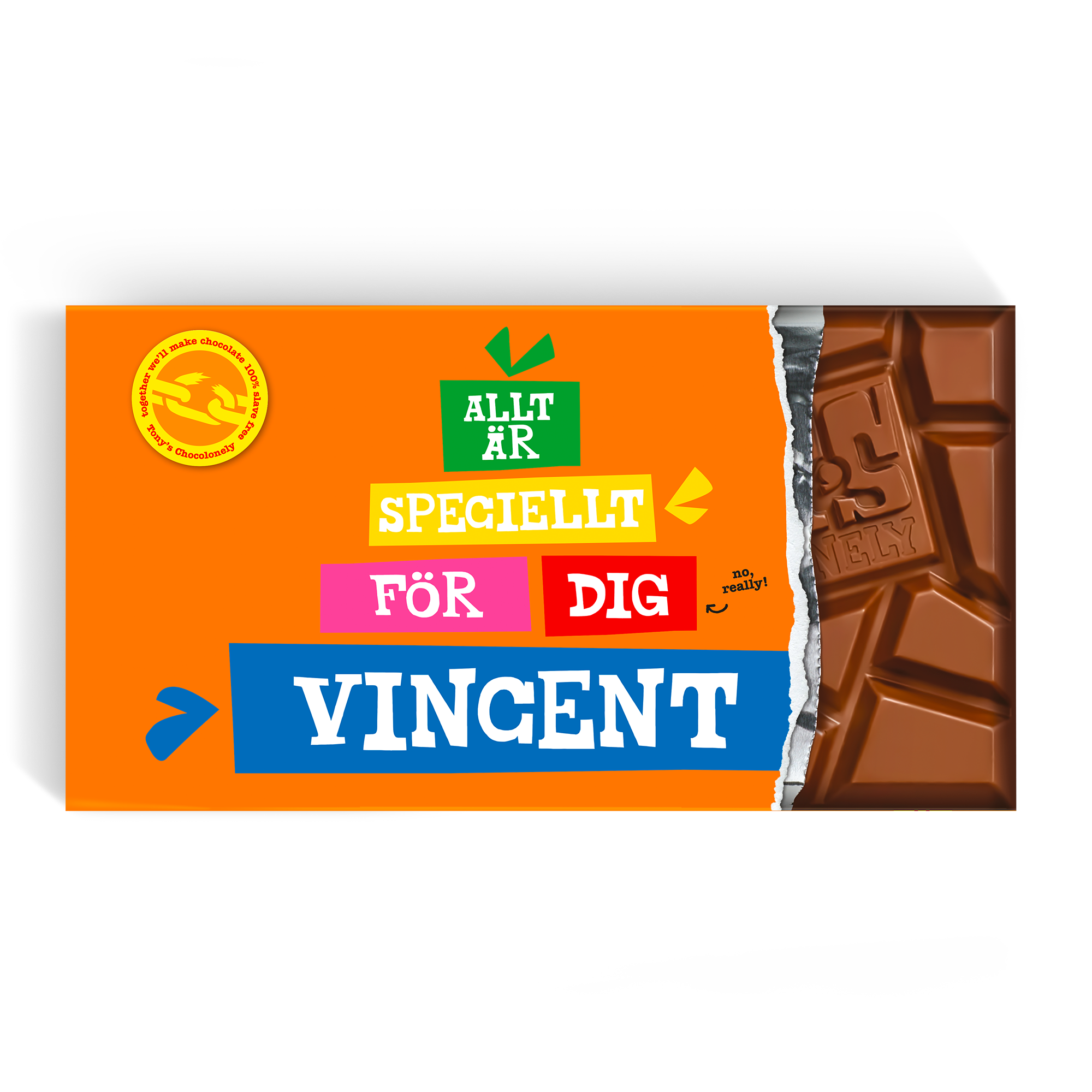 XL Tony's Chocolonely chokladkaka med personligt tryckt omslag med texten Allt är speciellt för dig och namnet Vincent
