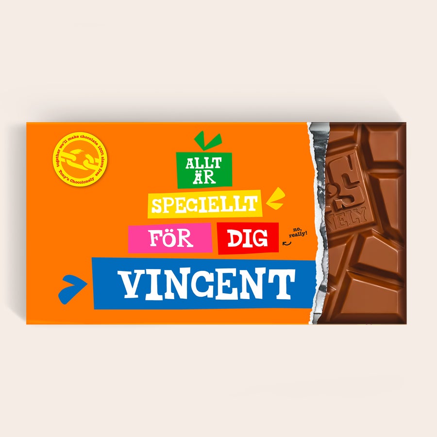 XL Tony's Chocolonely (5 chokladkakor) XL Tony's Chocolonely chokladkaka med personligt tryckt omslag med texten Allt är speciellt för dig och namnet Vincent