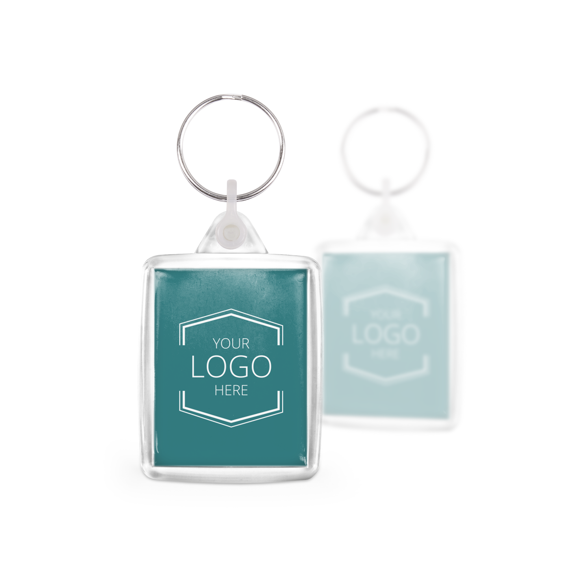 Juego personalizado de llaveros únicos cuadrados con impresión a doble cara de un logo sobre fondo verde.