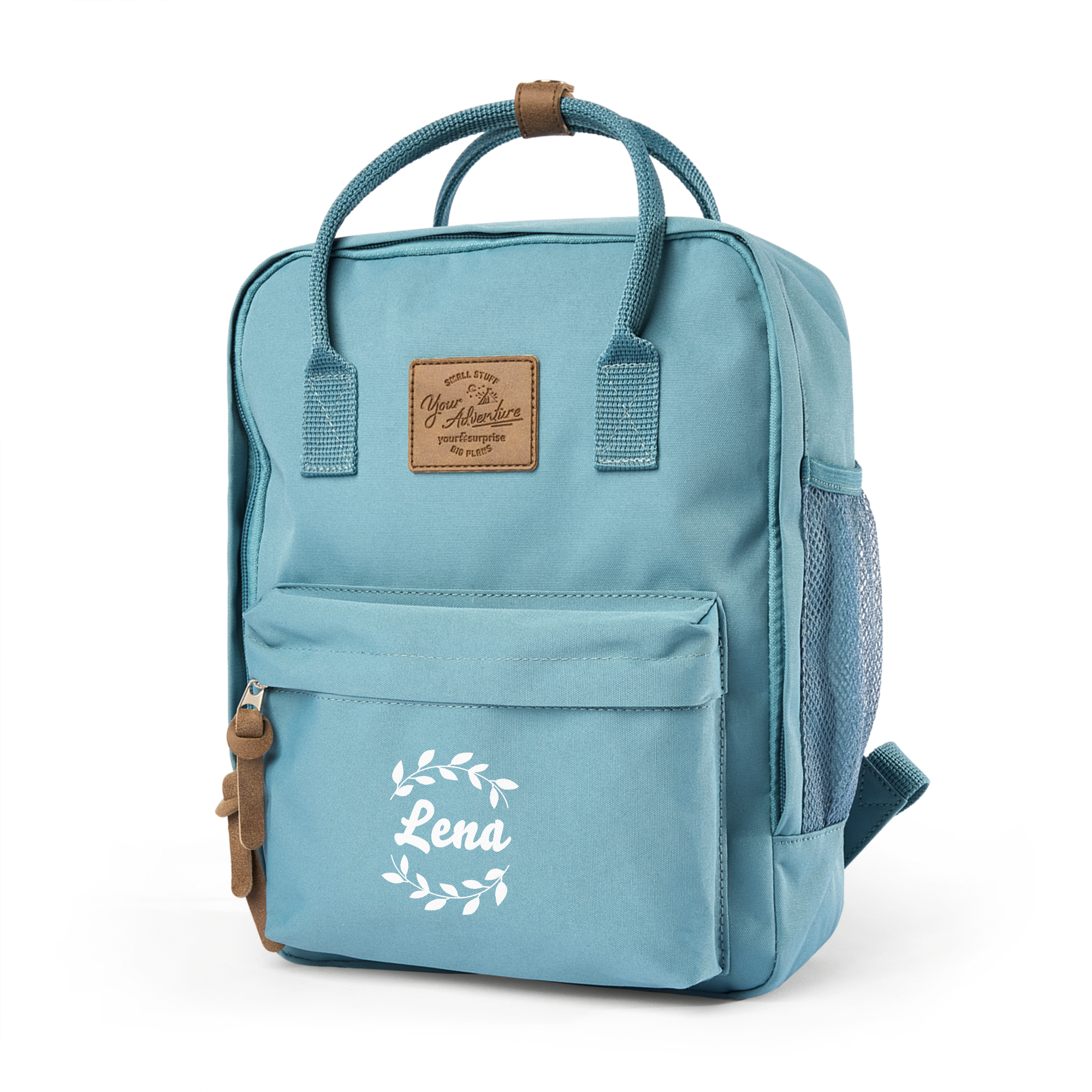 Blauer Kinderrucksack mit aufgedrucktem Namen Lena und Kranzmotiv