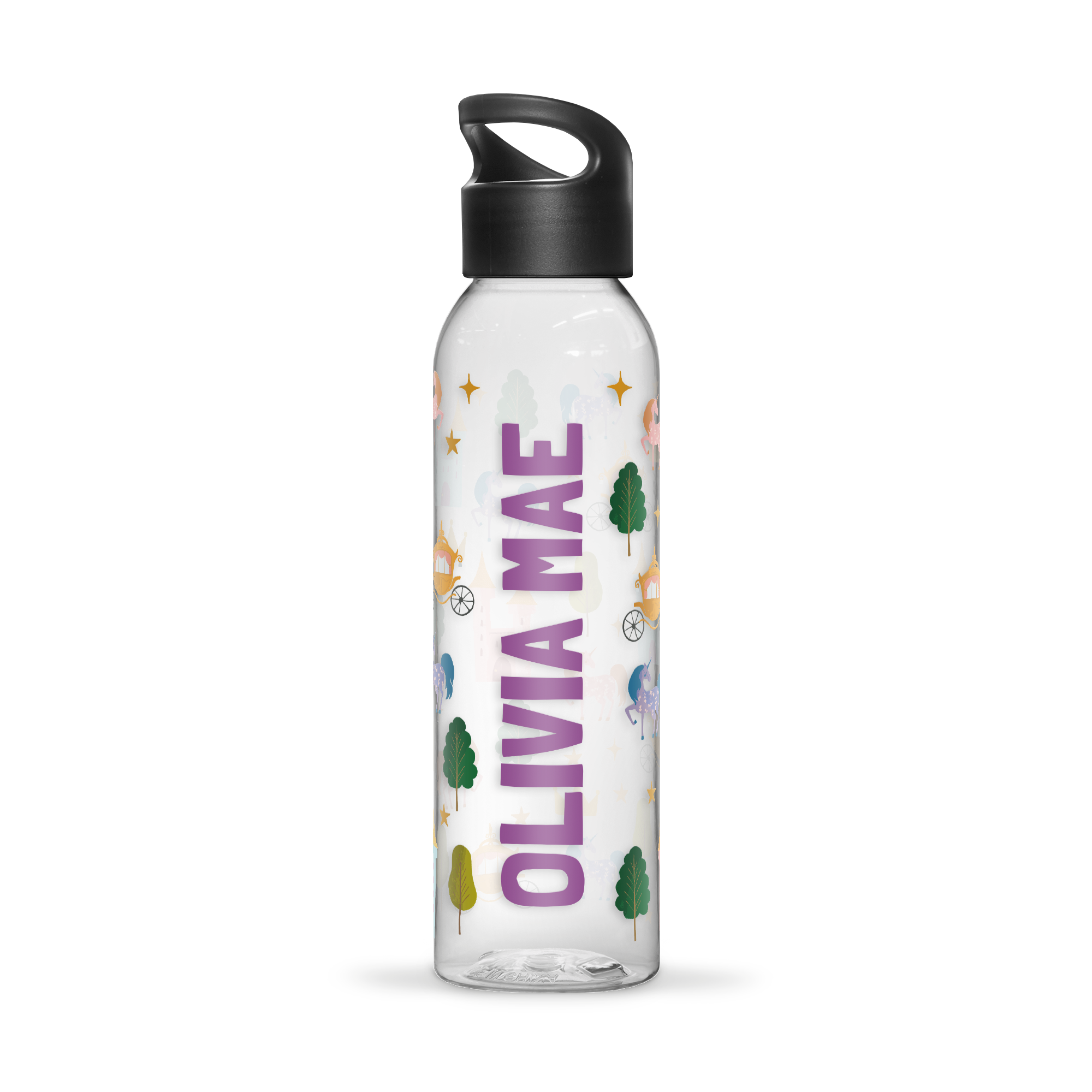 Clear personalized water bottle printed with a unicorn and carriage design and the name Olivia Mae