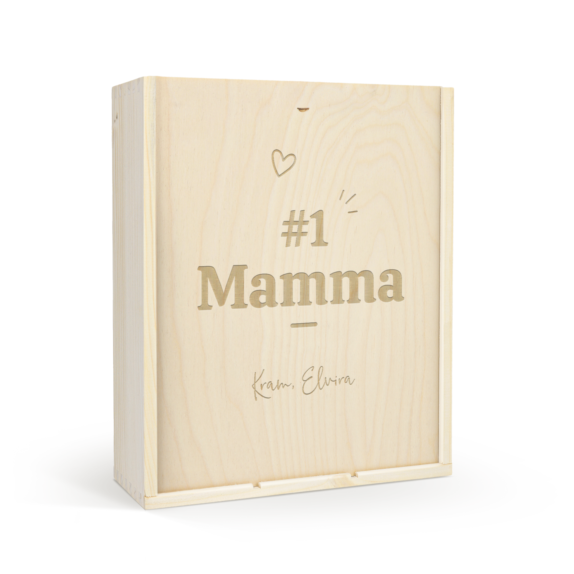 Ett lyxigt träfodral med personlig gravyr “#1 Mamma Kram, Elvira” med plats för en flaska och 2 vinglas