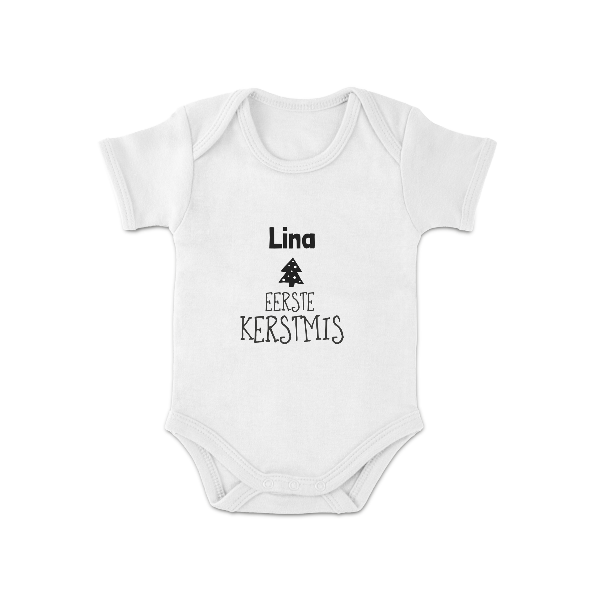Witte kerstromper met naam Lina en tekst EERSTE KERSTMIS, geprint met kerstboom icoon.