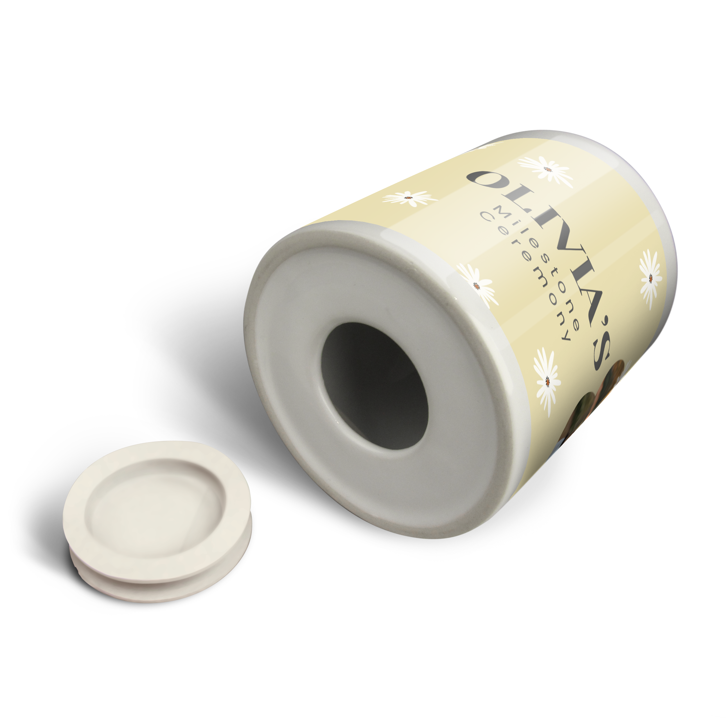 Personalized ceramic money box with "Olivia's Milestone Ceremony" text, printed with a photo and name. It has a removable rubber stopper to save all your first communion money.