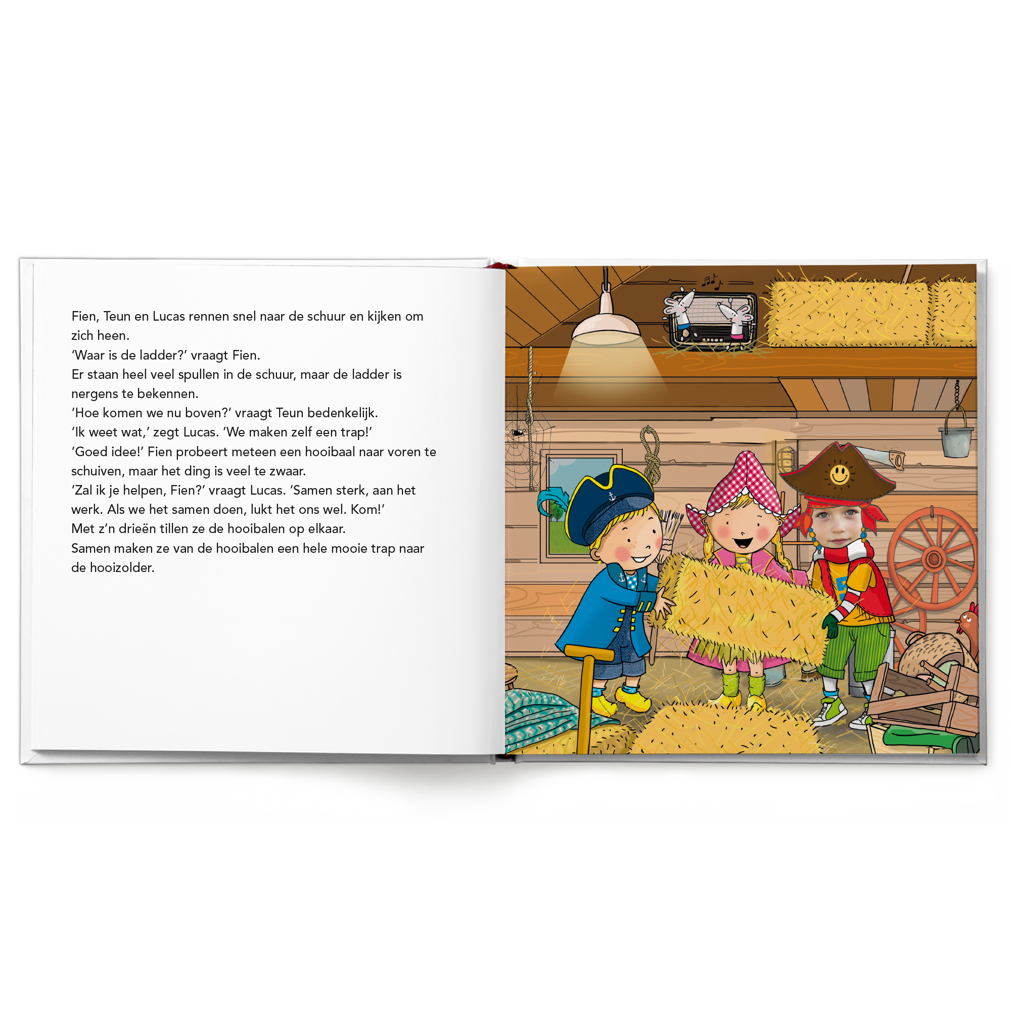 Kinderboek Ga op schattenjacht samen met Fien en Teun met gepersonaliseerde foto op een kind in piratenpak en tekst.