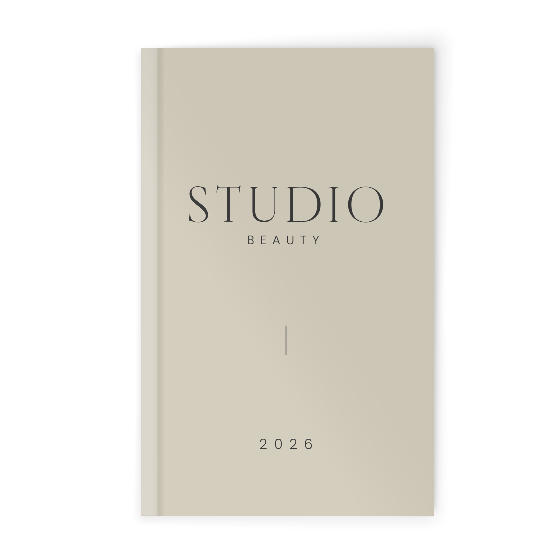 Personalisierter Terminplaner selbst gestalten mit dem Namen Studio Beauty und dem Jahr 2026 auf dem Cover bedruckt
