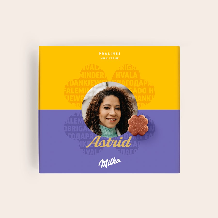 Milka Pralines Takk Personlig si det med Milka gaveeske trykt med bilde av en kvinne og navnet Astrid
