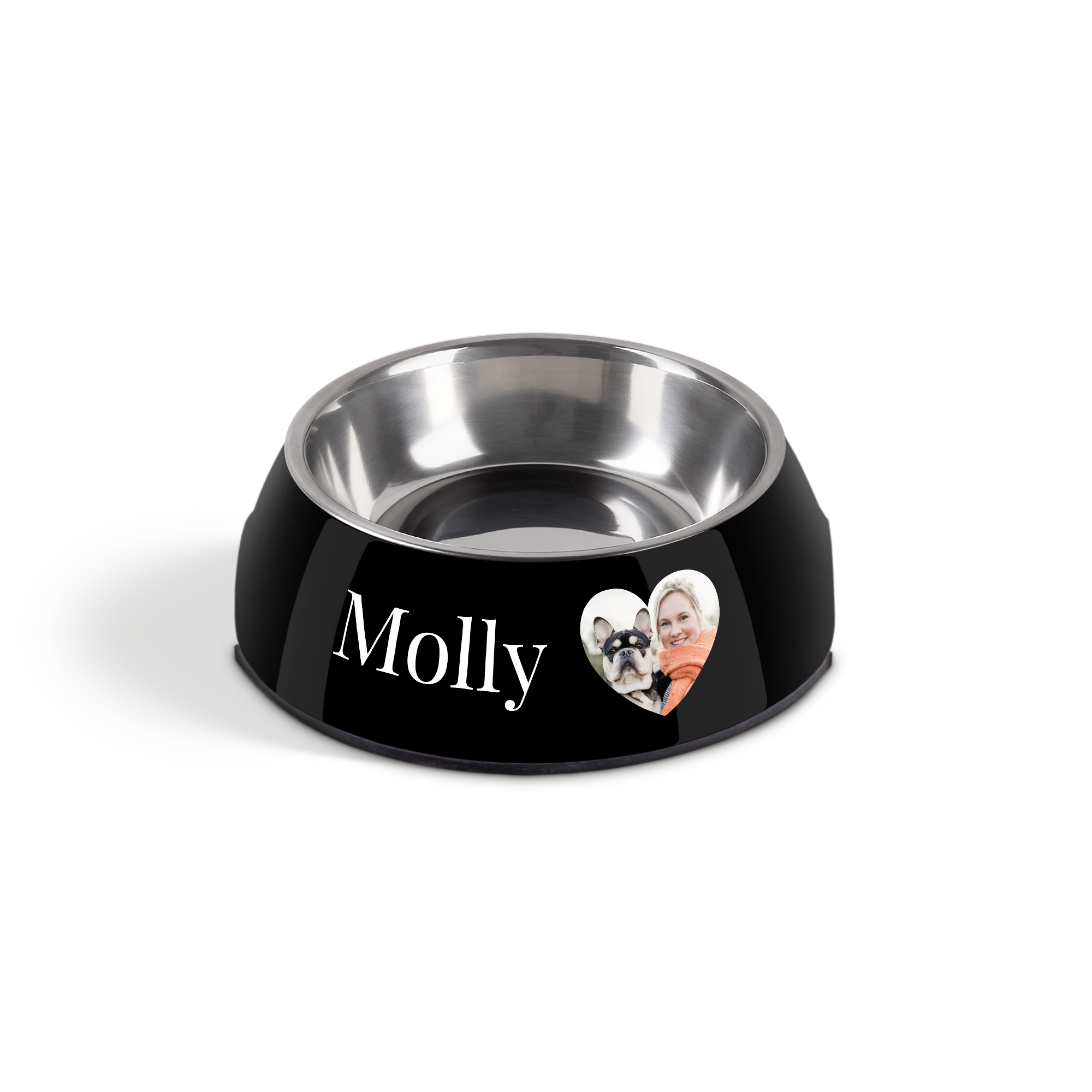 Gamelle personnalisée pour chien - Noir - 160 ml avec le nom Molly et une photo d'une femme et son chien imprimés sur un cœur.