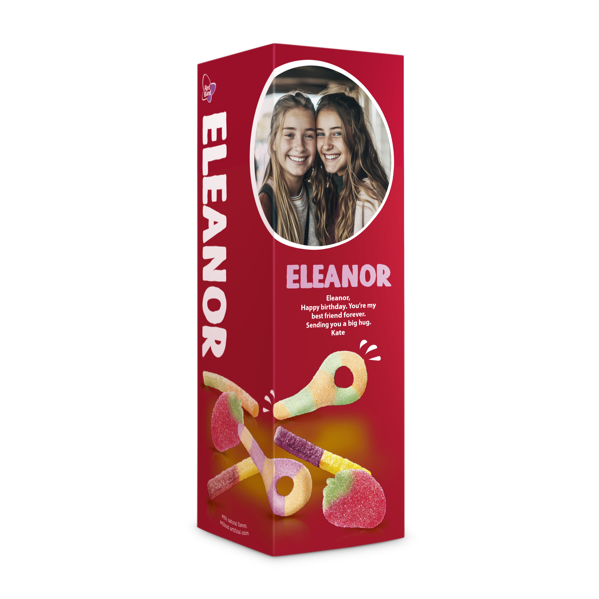 Scatola rossa di caramelle Red Band con foto e testo personalizzato, cosa festeggi con questo magico mix di caramelle in confezione personalizzata?